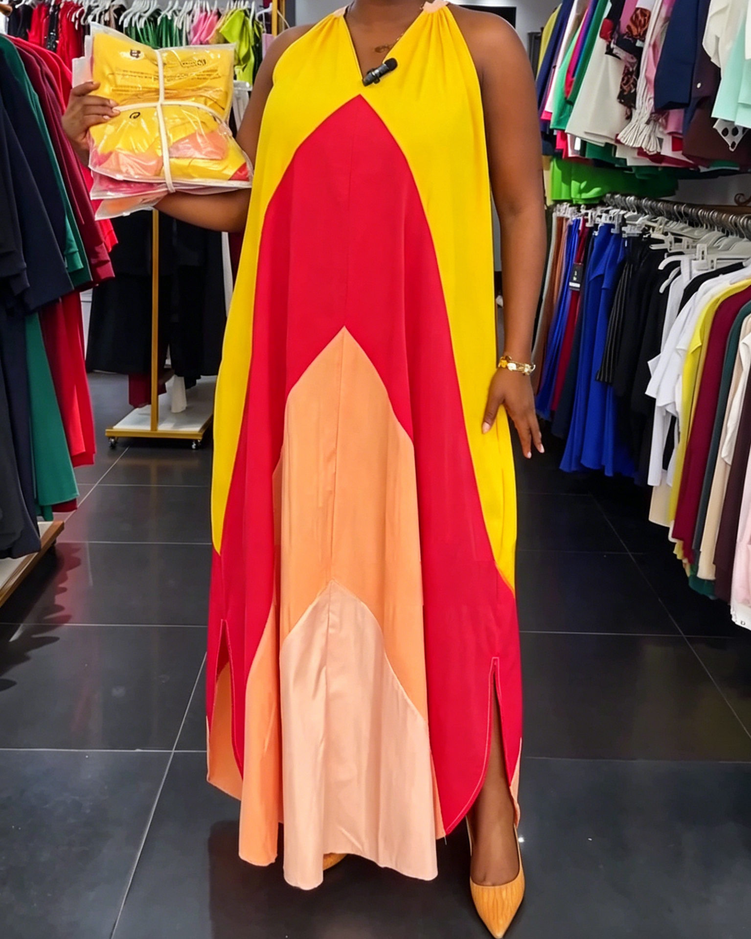 Red Orange Color Block Halter Neck Maxi Dress