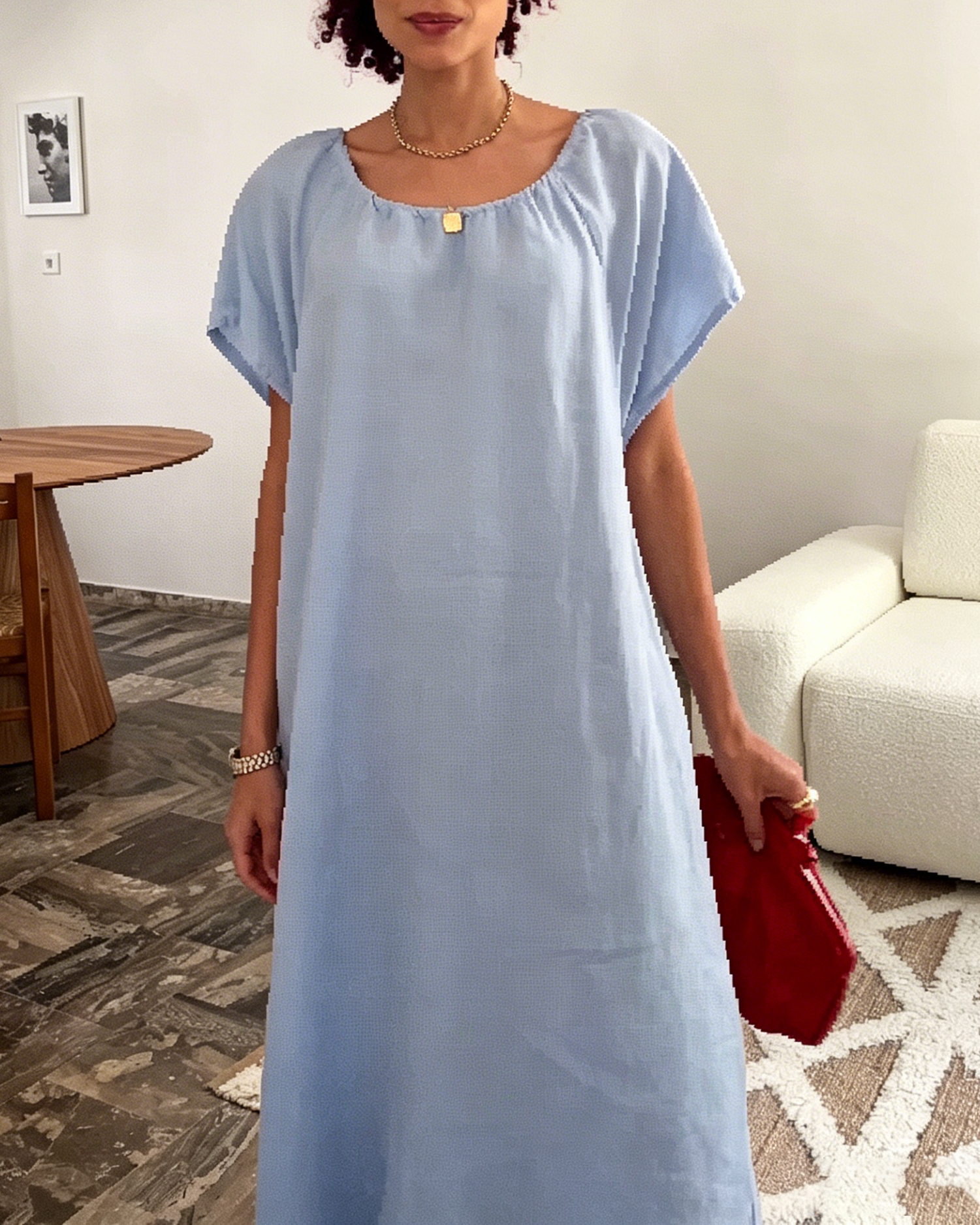 Light Blue Casual Loose-Fit Linen Midi Dress with Square Neckline