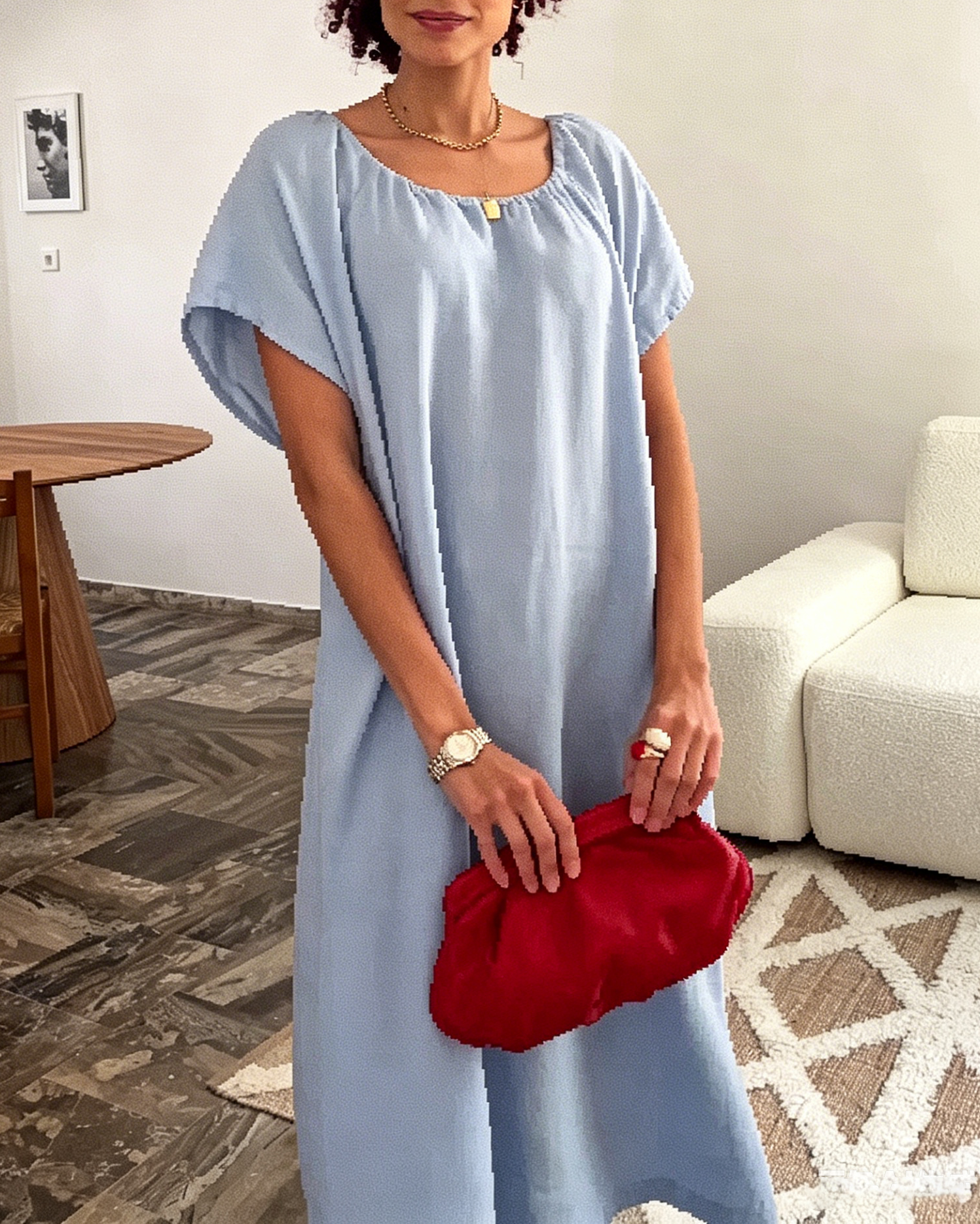 Light Blue Casual Loose-Fit Linen Midi Dress with Square Neckline