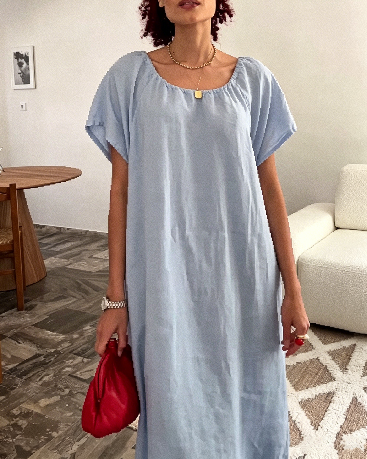 Light Blue Casual Loose-Fit Linen Midi Dress with Square Neckline