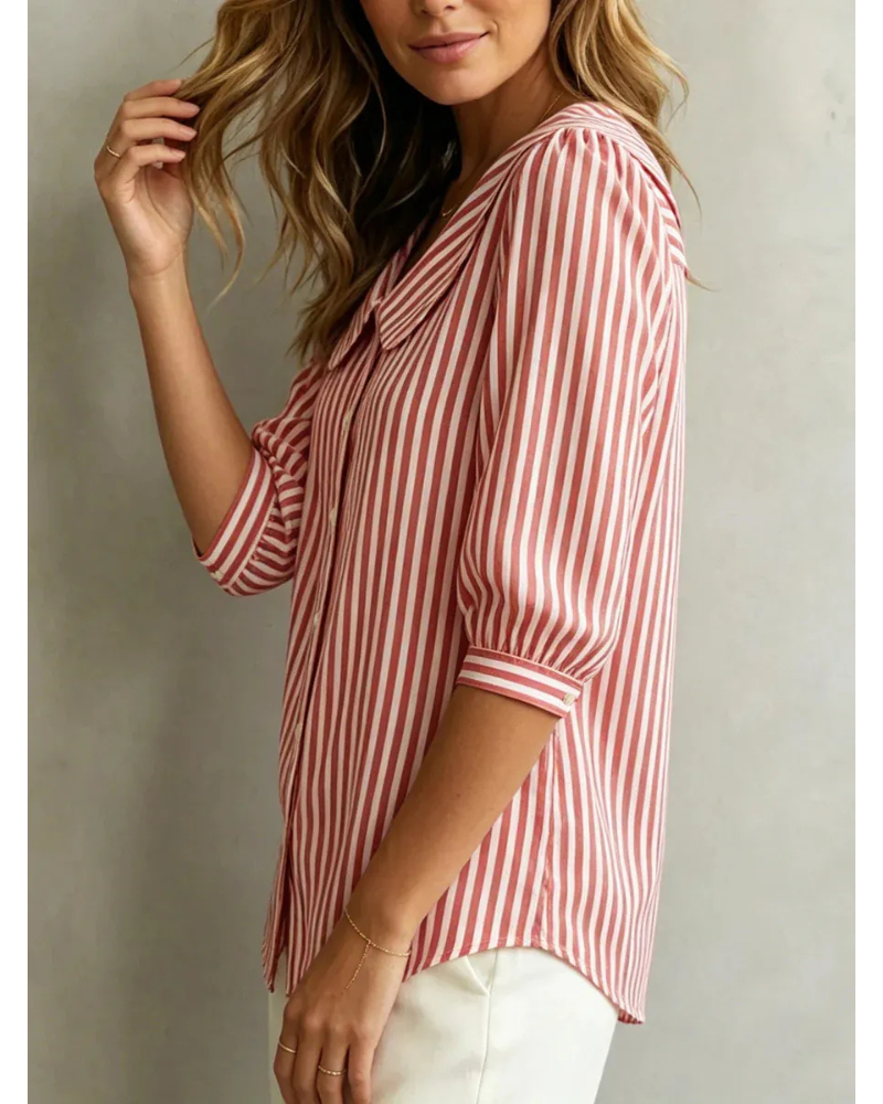 New Arrivals🔥 Women's Retro Peter Pan Collar Striped Cotton Linen Shirt