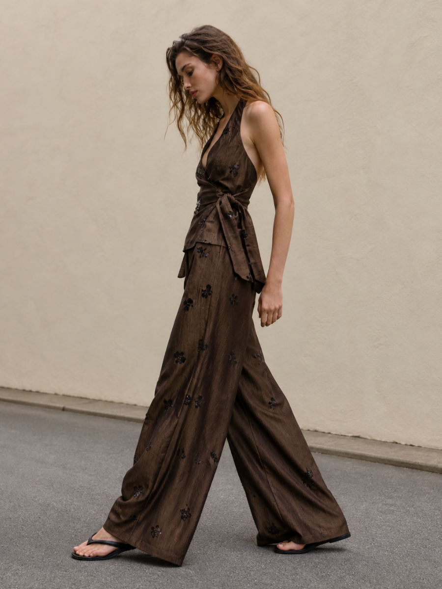 Sequin Floral Halter Wrap Top And Flowy Wide-Leg Pants Set