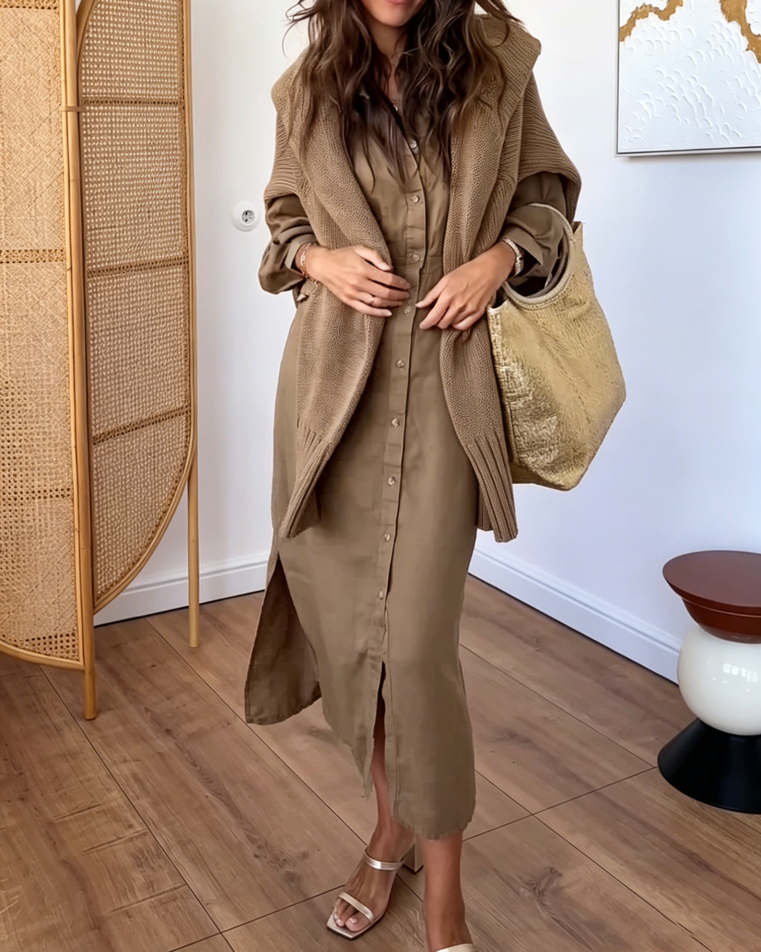 Oversized Button-Front Linen Shirt Dress with Puff Sleeves & Waist Gather