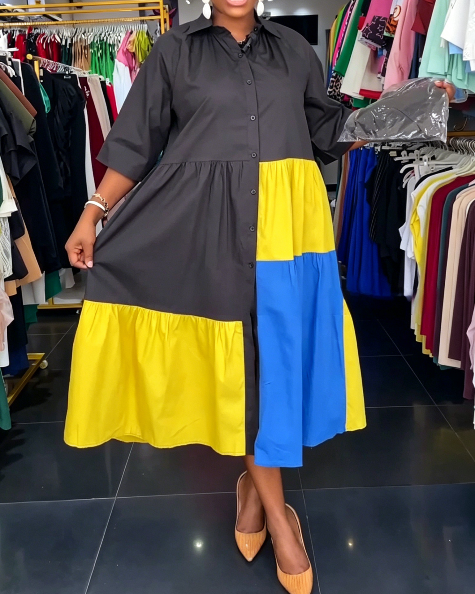 Black Yellow Blue Color Block Tiered Shirt Midi Dress