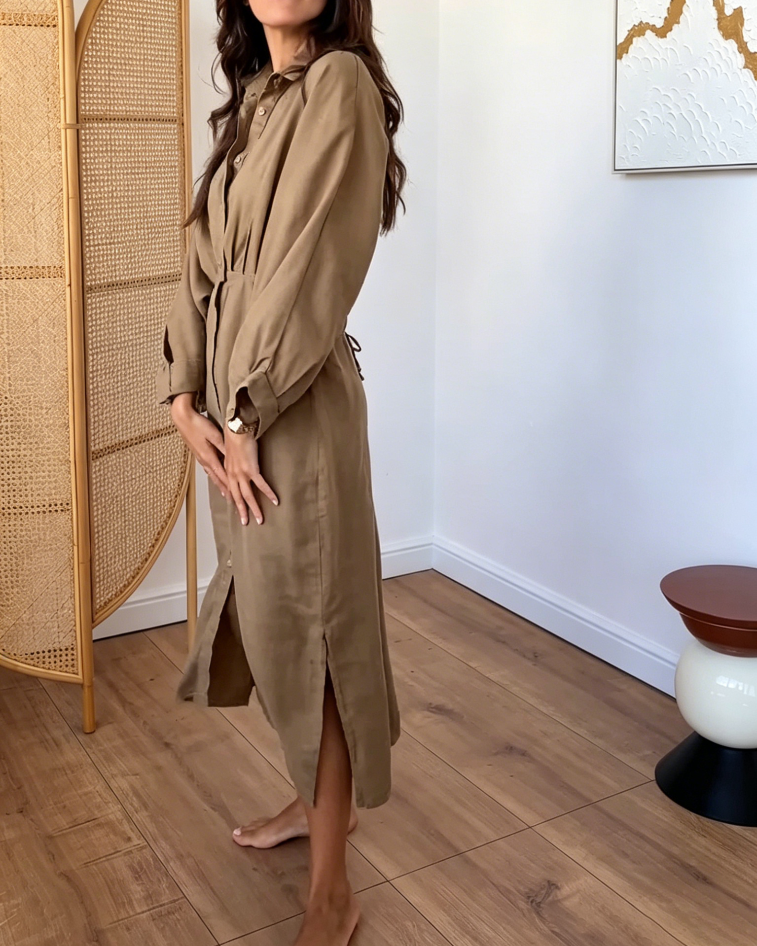 Oversized Button-Front Linen Shirt Dress with Puff Sleeves & Waist Gather