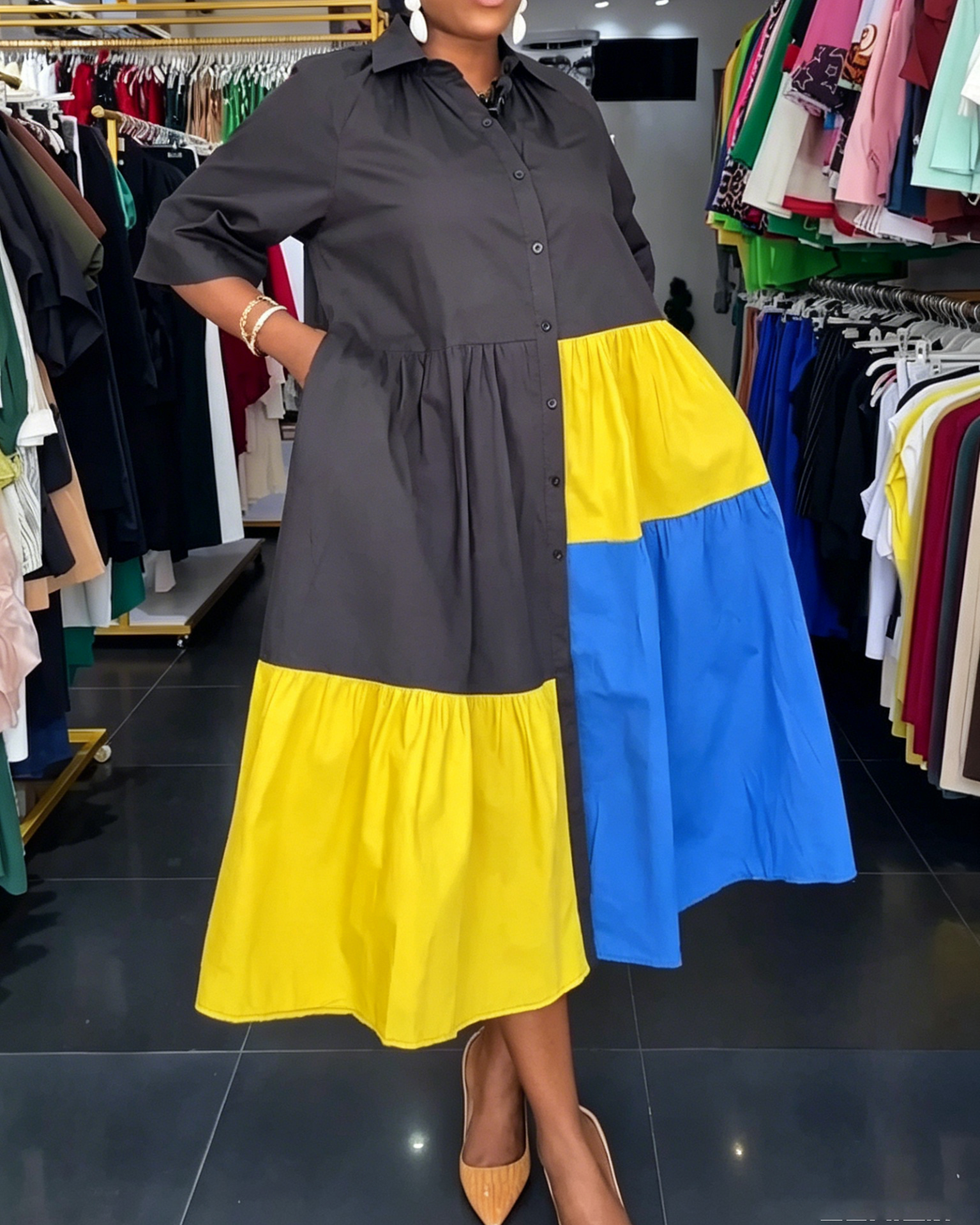 Black Yellow Blue Color Block Tiered Shirt Midi Dress