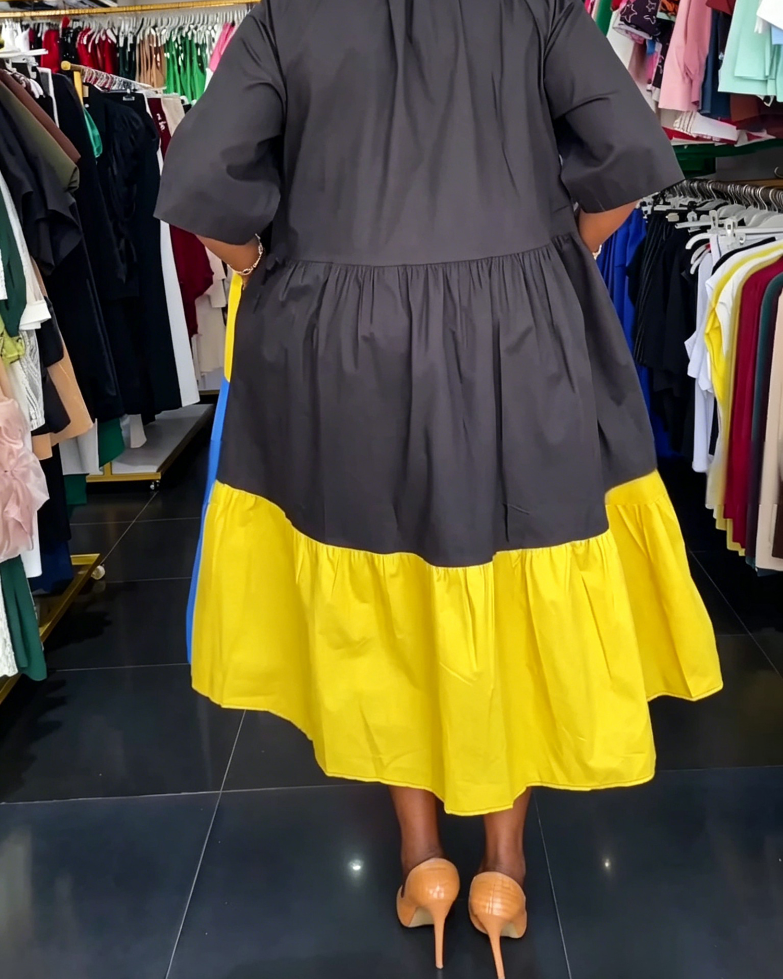Black Yellow Blue Color Block Tiered Shirt Midi Dress
