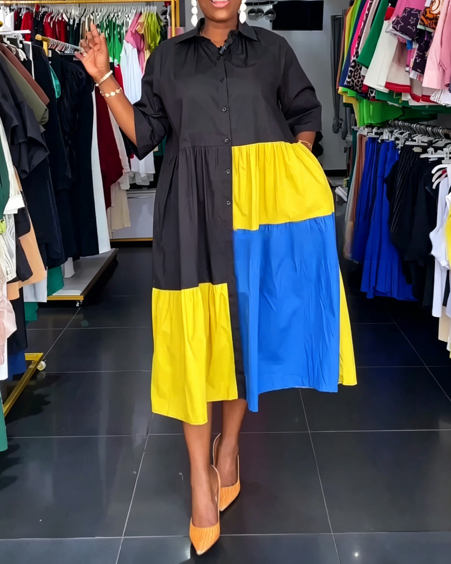 Black Yellow Blue Color Block Tiered Shirt Midi Dress