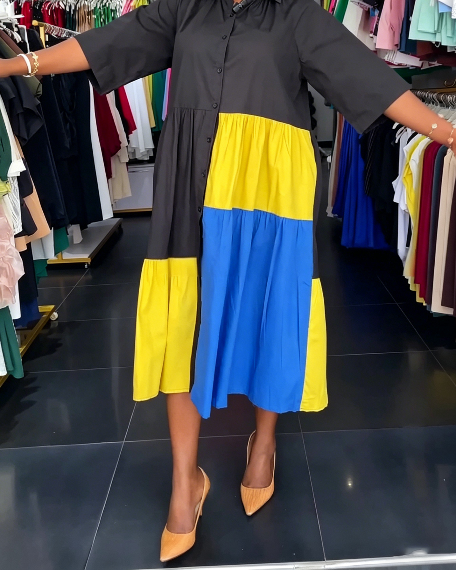 Black Yellow Blue Color Block Tiered Shirt Midi Dress