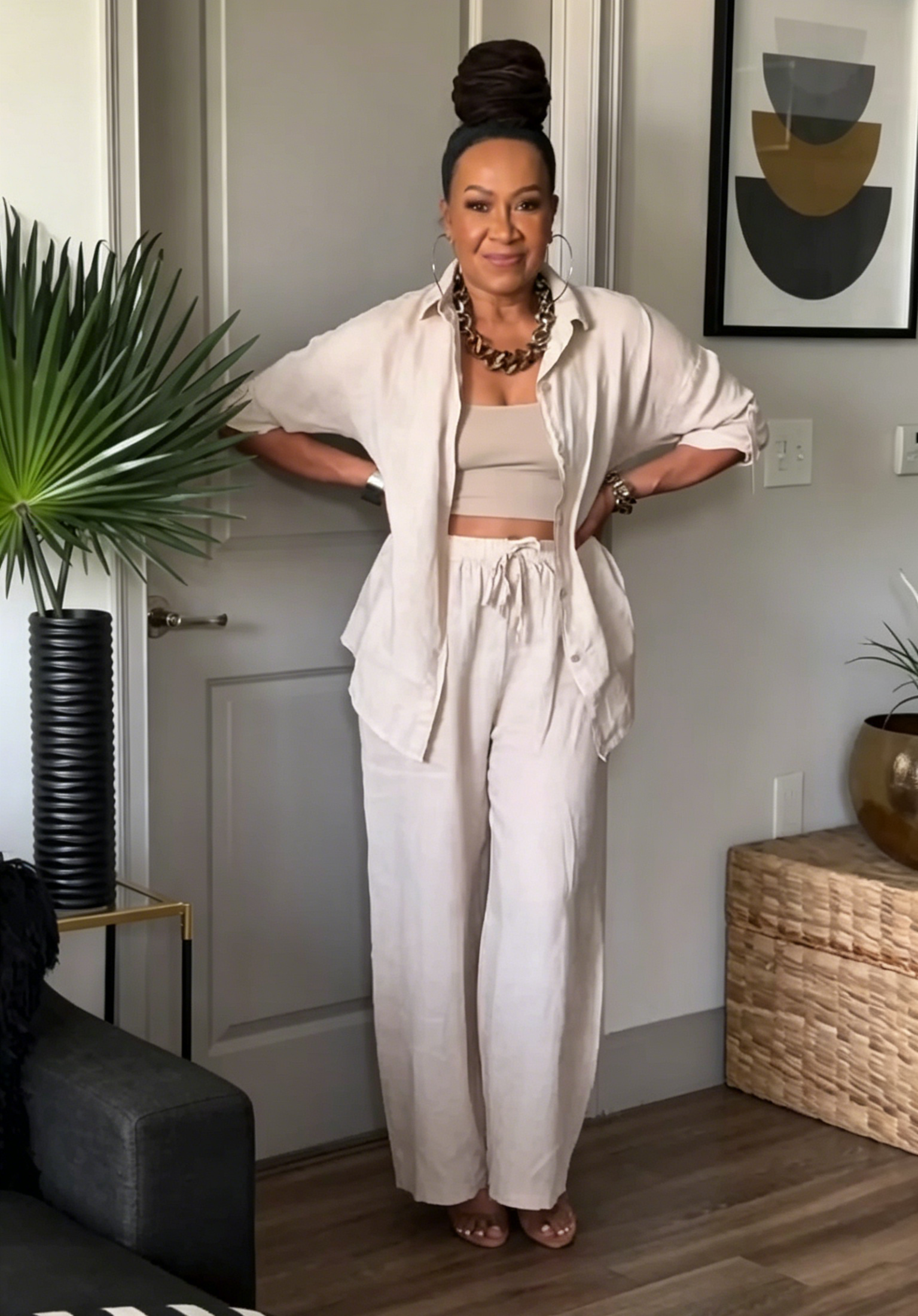 Linen Two-Piece Outfit - Collared Button-Down Shirt & High Waist Wide Leg Pants for Women