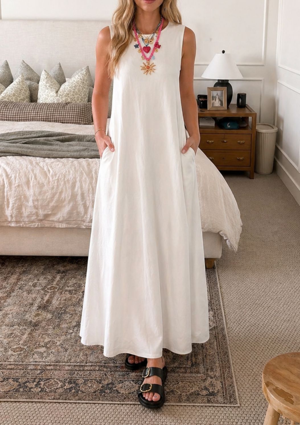 Women'S Casual Cotton Linen Sleeveless Ultra-Long Dress 🎁Present A Necklace