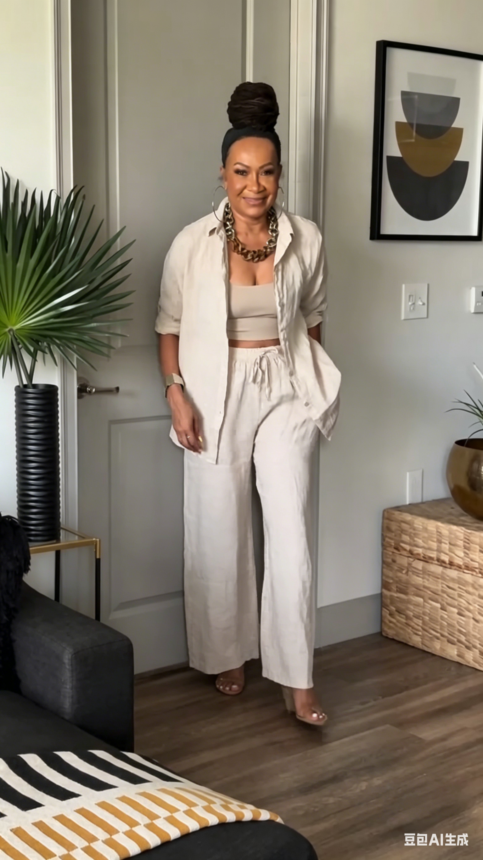 Linen Two-Piece Outfit - Collared Button-Down Shirt & High Waist Wide Leg Pants for Women