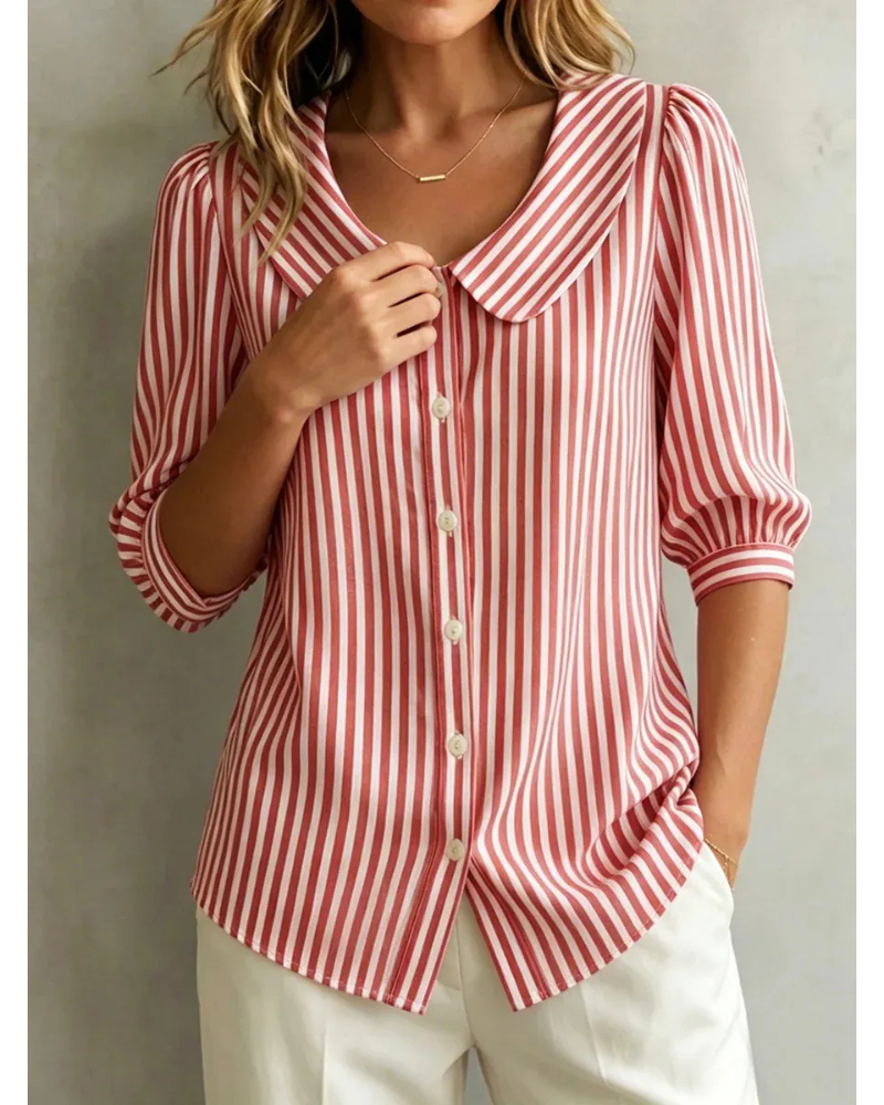 New Arrivals🔥 Women's Retro Peter Pan Collar Striped Cotton Linen Shirt