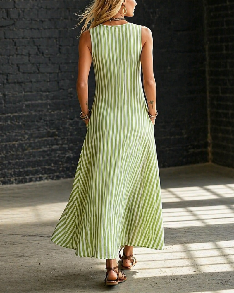 New Arrivals🔥Striped V-Neck Sleeveless Maxi Dress with Button Detail