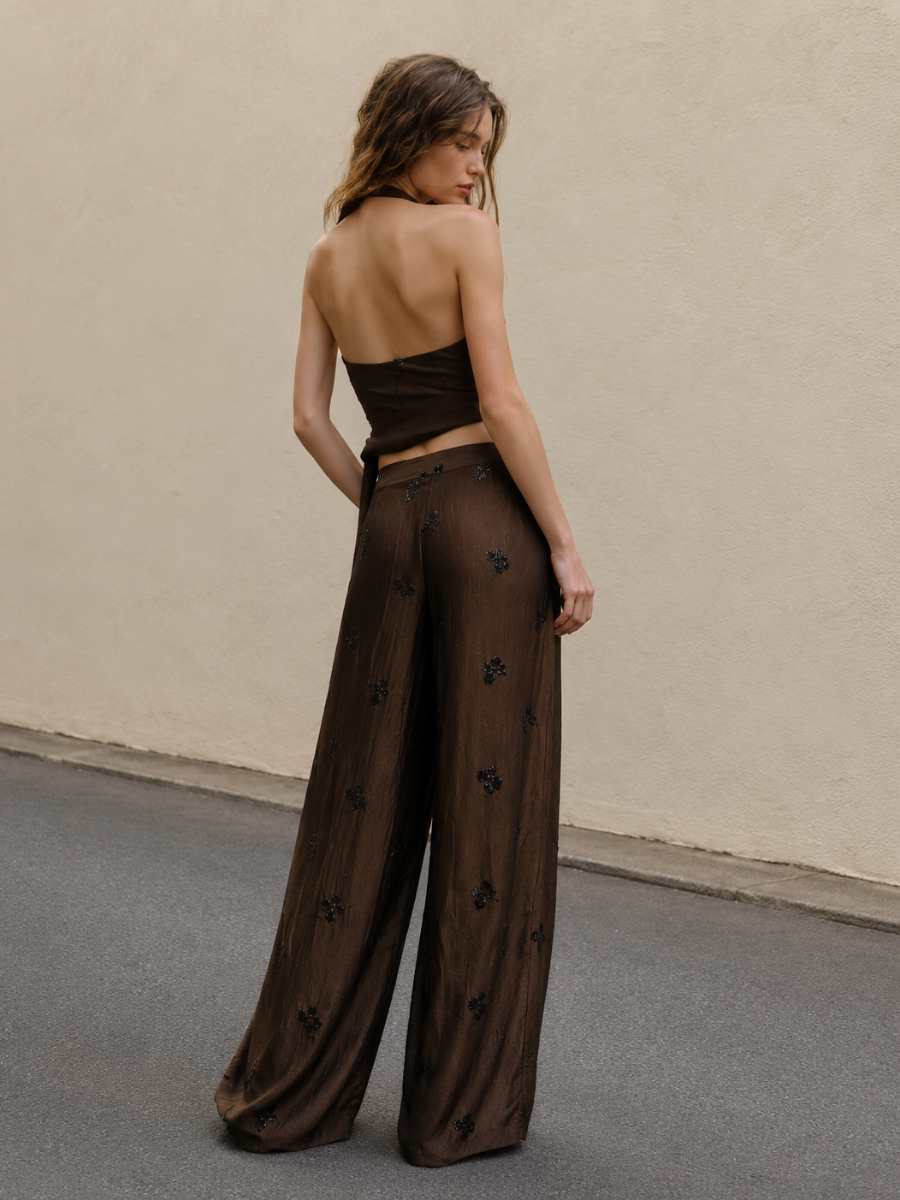 Sequin Floral Halter Wrap Top And Flowy Wide-Leg Pants Set