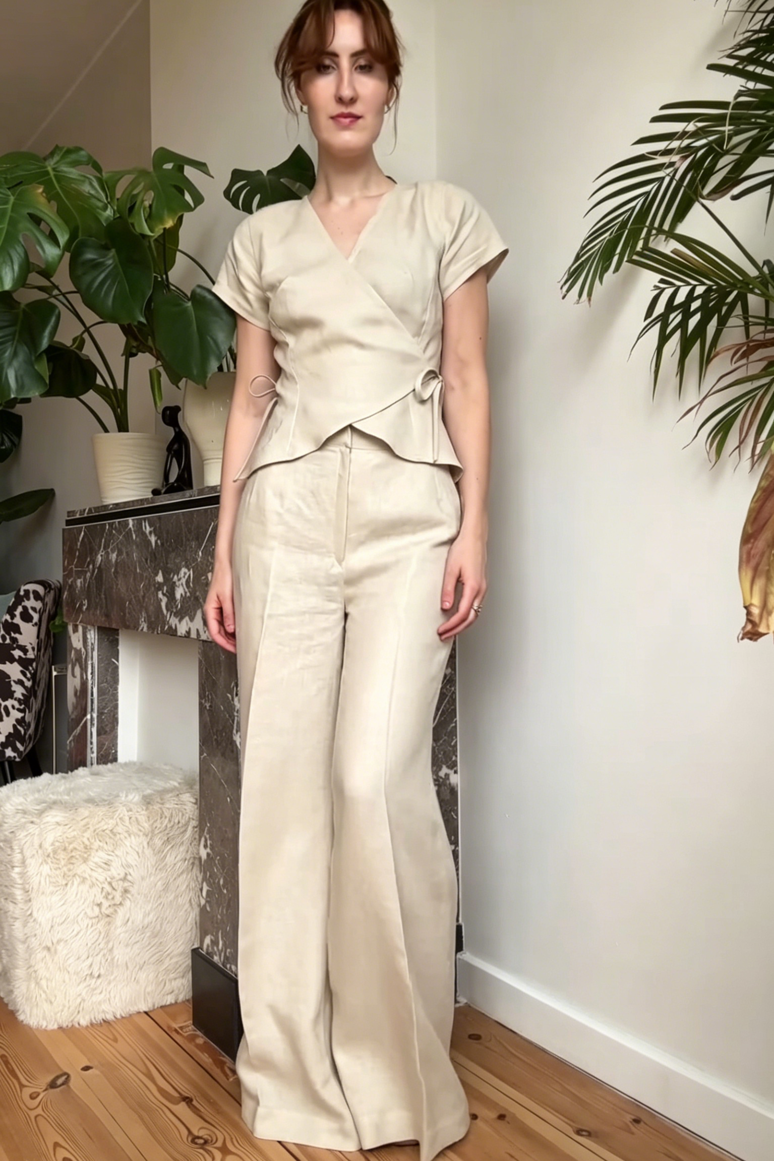 Beige Linen Wrap Blouse with Tie Waist and High Waist Flare Pants Set, Elegant Workwear Outfit
