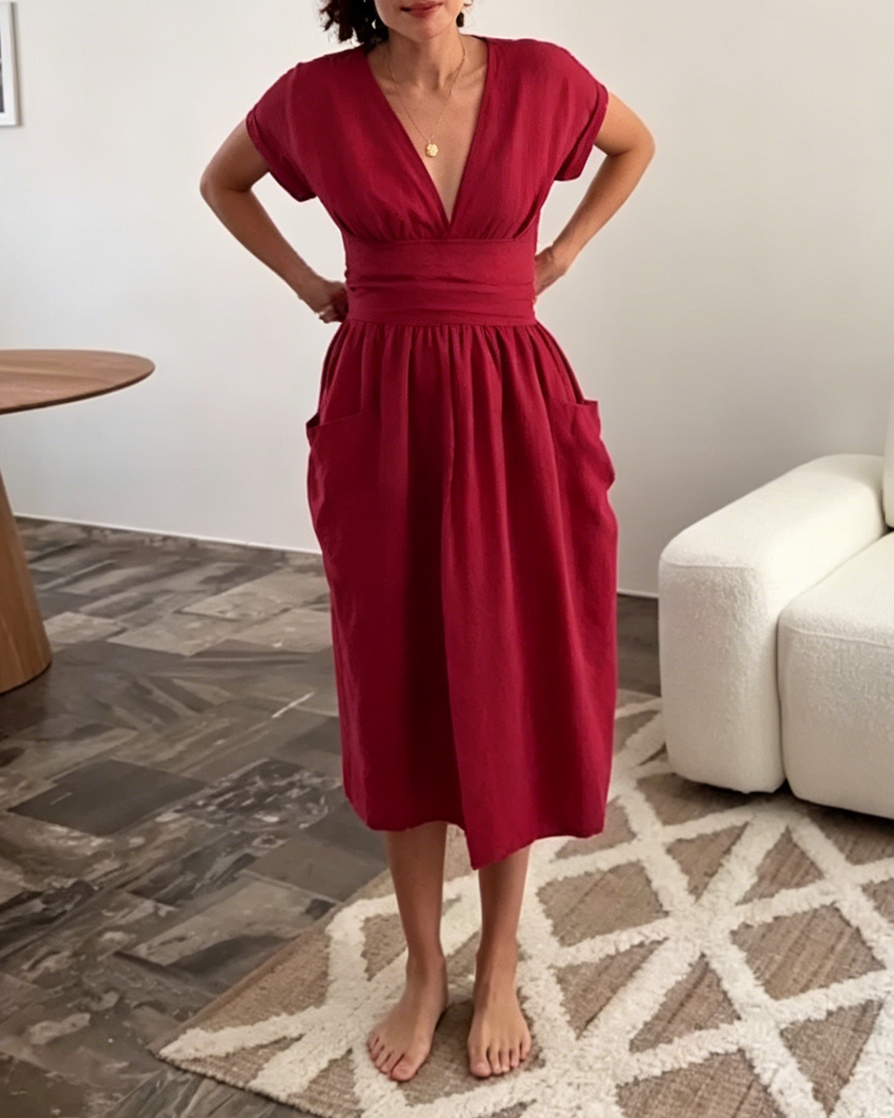 Red Linen-Blend Wrap Waist Midi Dress with Pockets & Short Sleeves