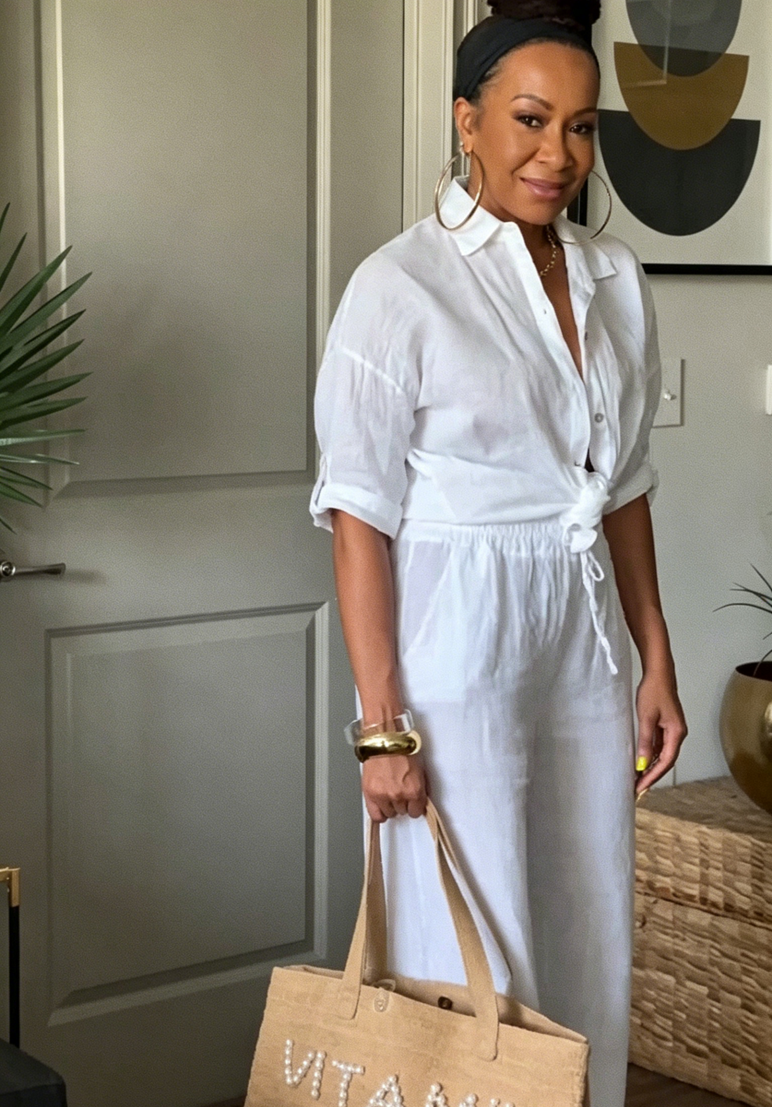 Linen Two-Piece Outfit - Collared Button-Down Shirt & High Waist Wide Leg Pants for Women