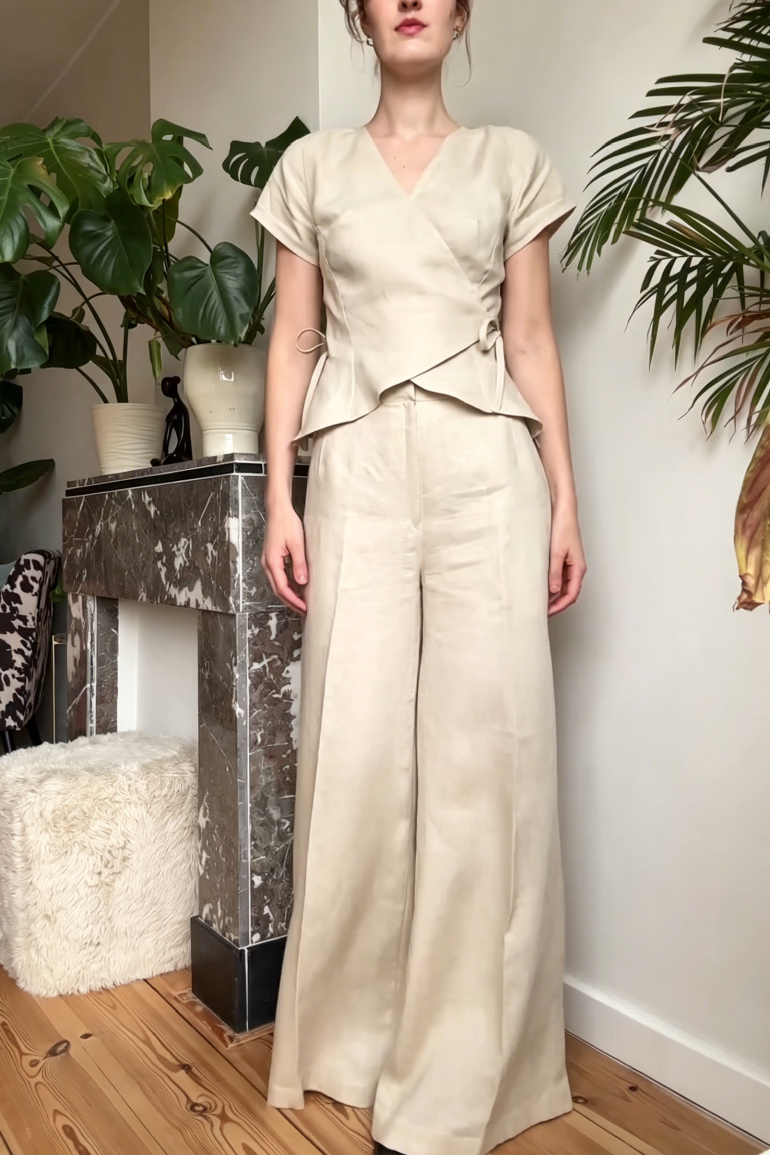 Beige Linen Wrap Blouse with Tie Waist and High Waist Flare Pants Set, Elegant Workwear Outfit