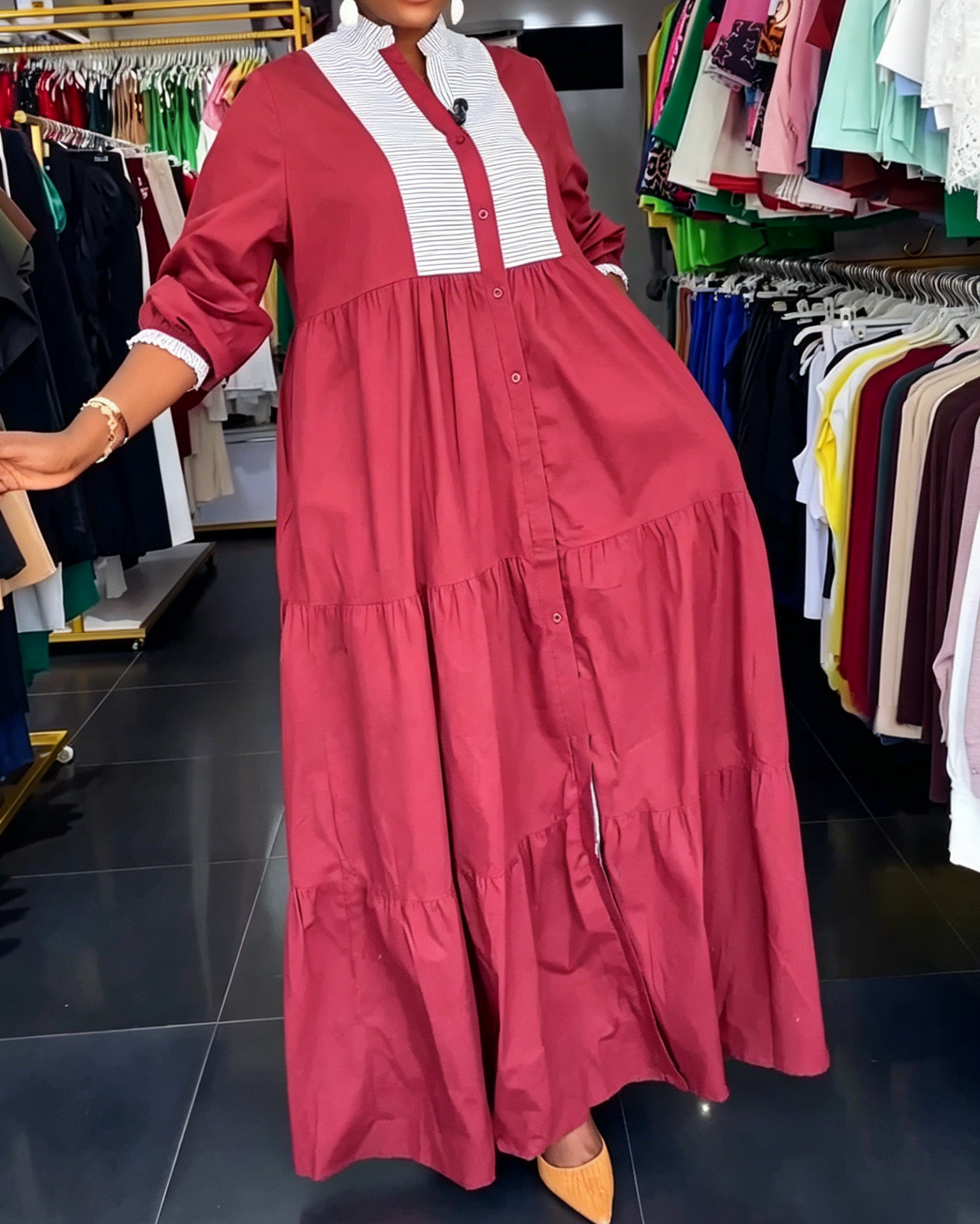 Red & White Striped Tiered Maxi Shirt Dress