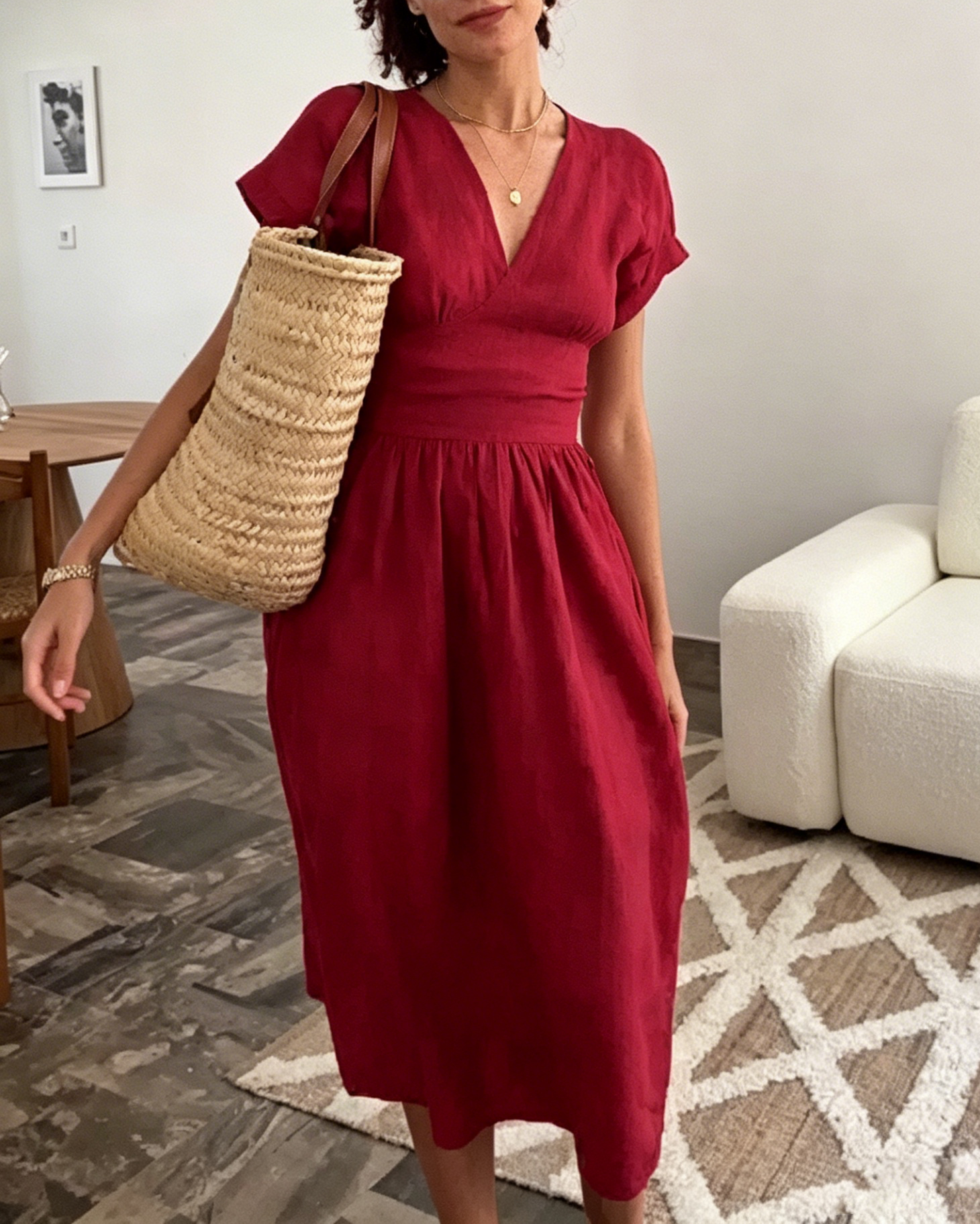 Red Linen-Blend Wrap Waist Midi Dress with Pockets & Short Sleeves