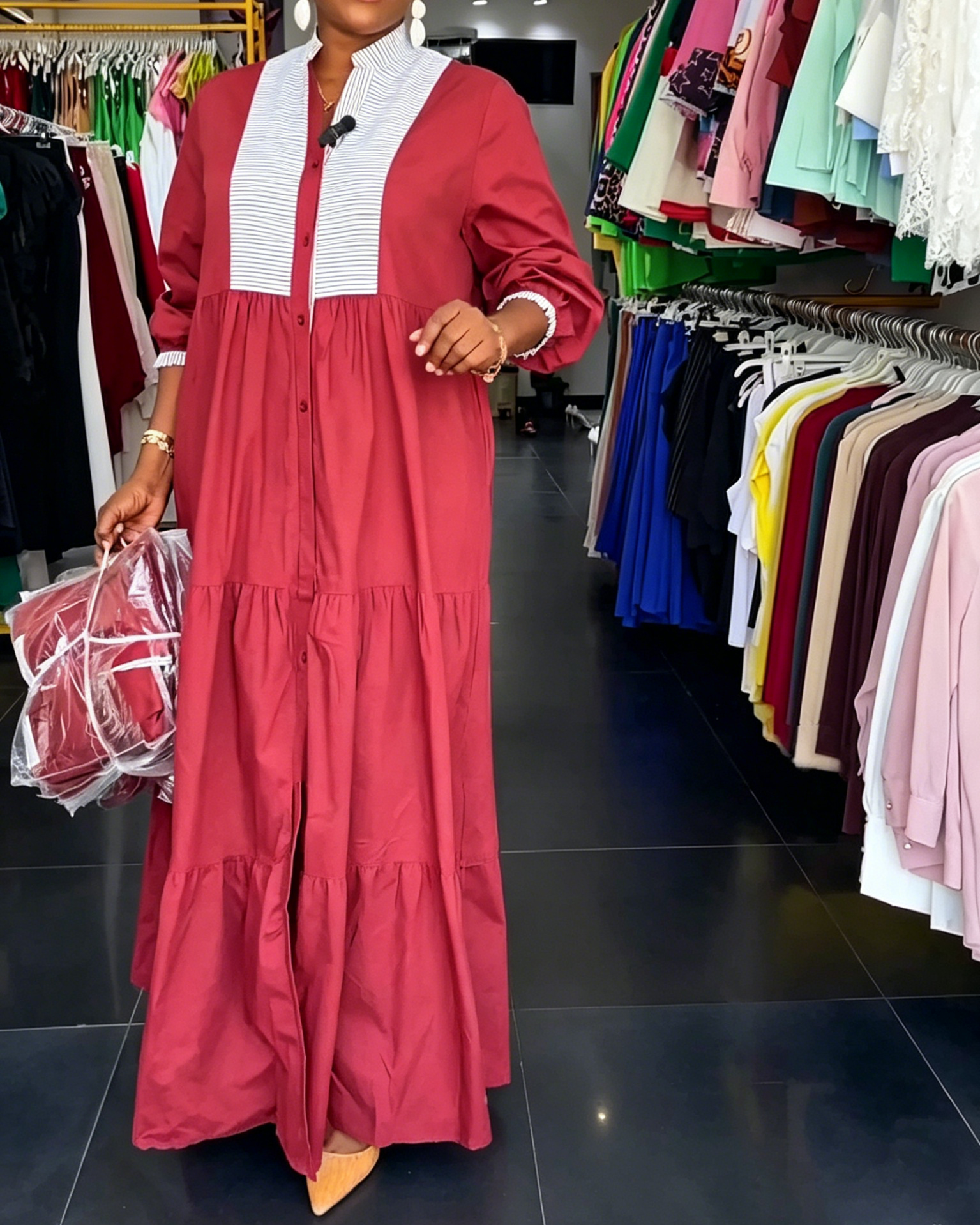 Red & White Striped Tiered Maxi Shirt Dress