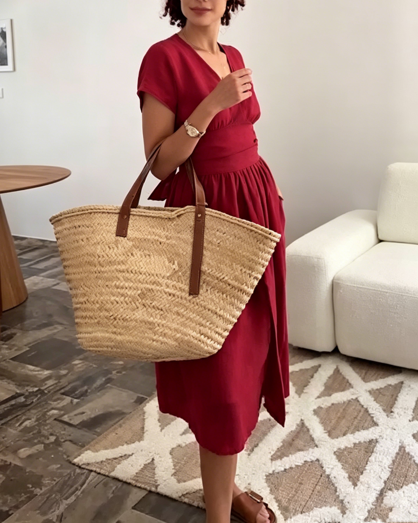 Red Linen-Blend Wrap Waist Midi Dress with Pockets & Short Sleeves