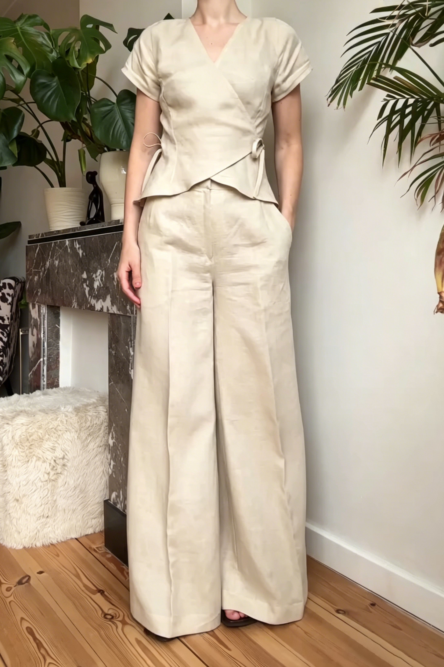 Beige Linen Wrap Blouse with Tie Waist and High Waist Flare Pants Set, Elegant Workwear Outfit
