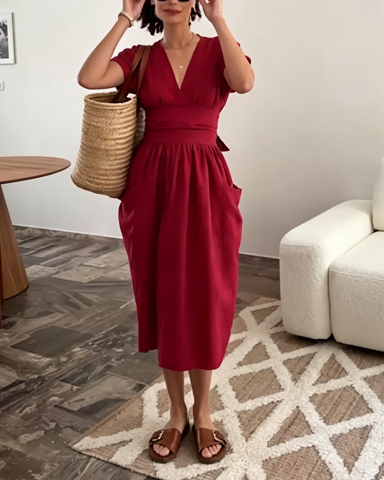 Red Linen-Blend Wrap Waist Midi Dress with Pockets & Short Sleeves