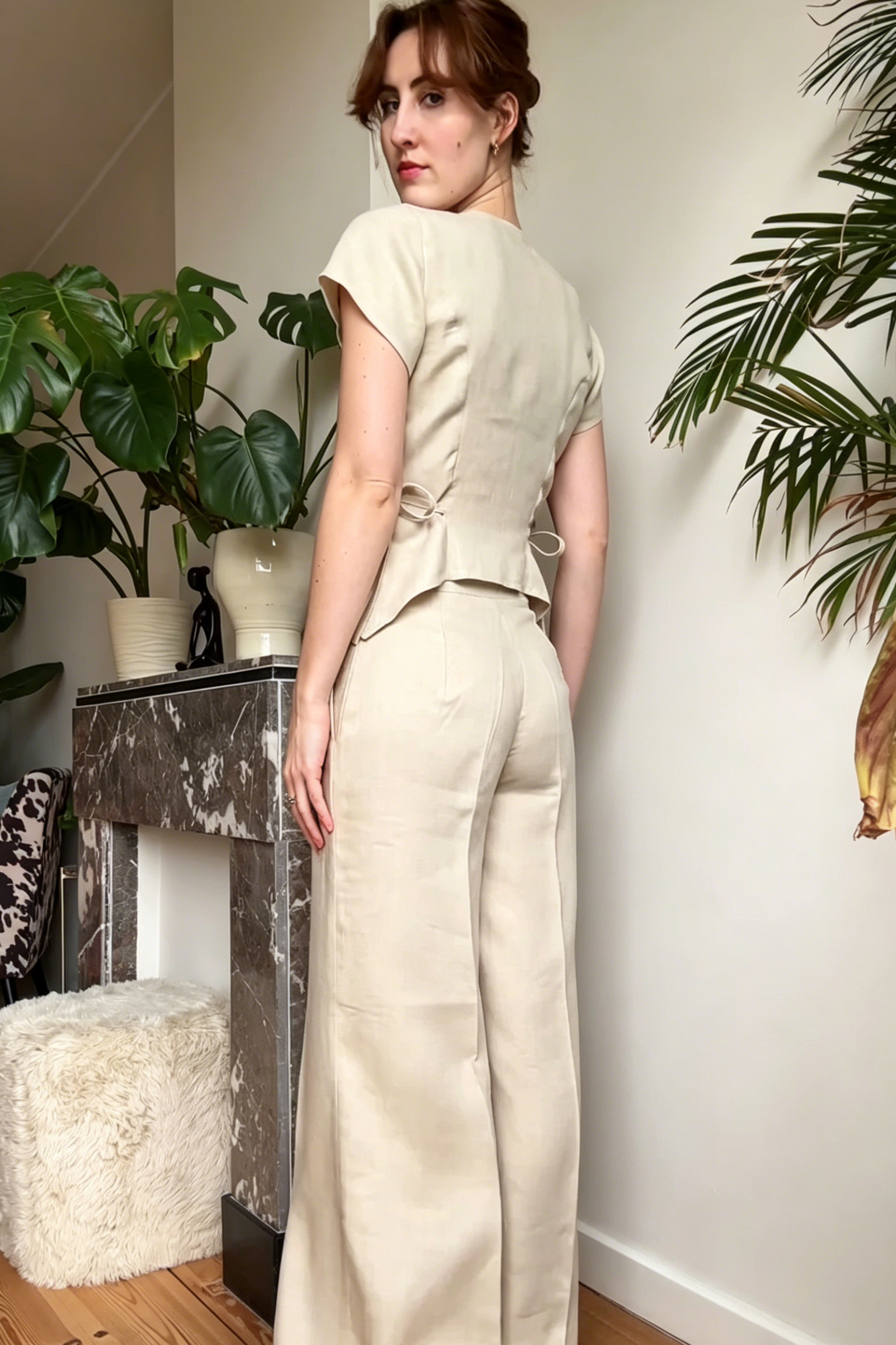 Beige Linen Wrap Blouse with Tie Waist and High Waist Flare Pants Set, Elegant Workwear Outfit