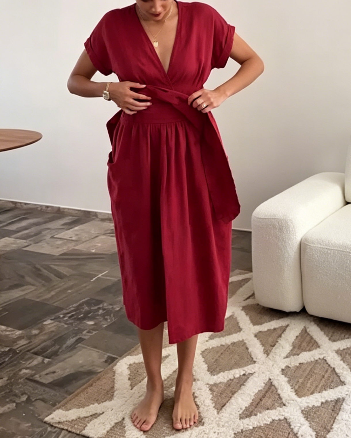 Red Linen-Blend Wrap Waist Midi Dress with Pockets & Short Sleeves