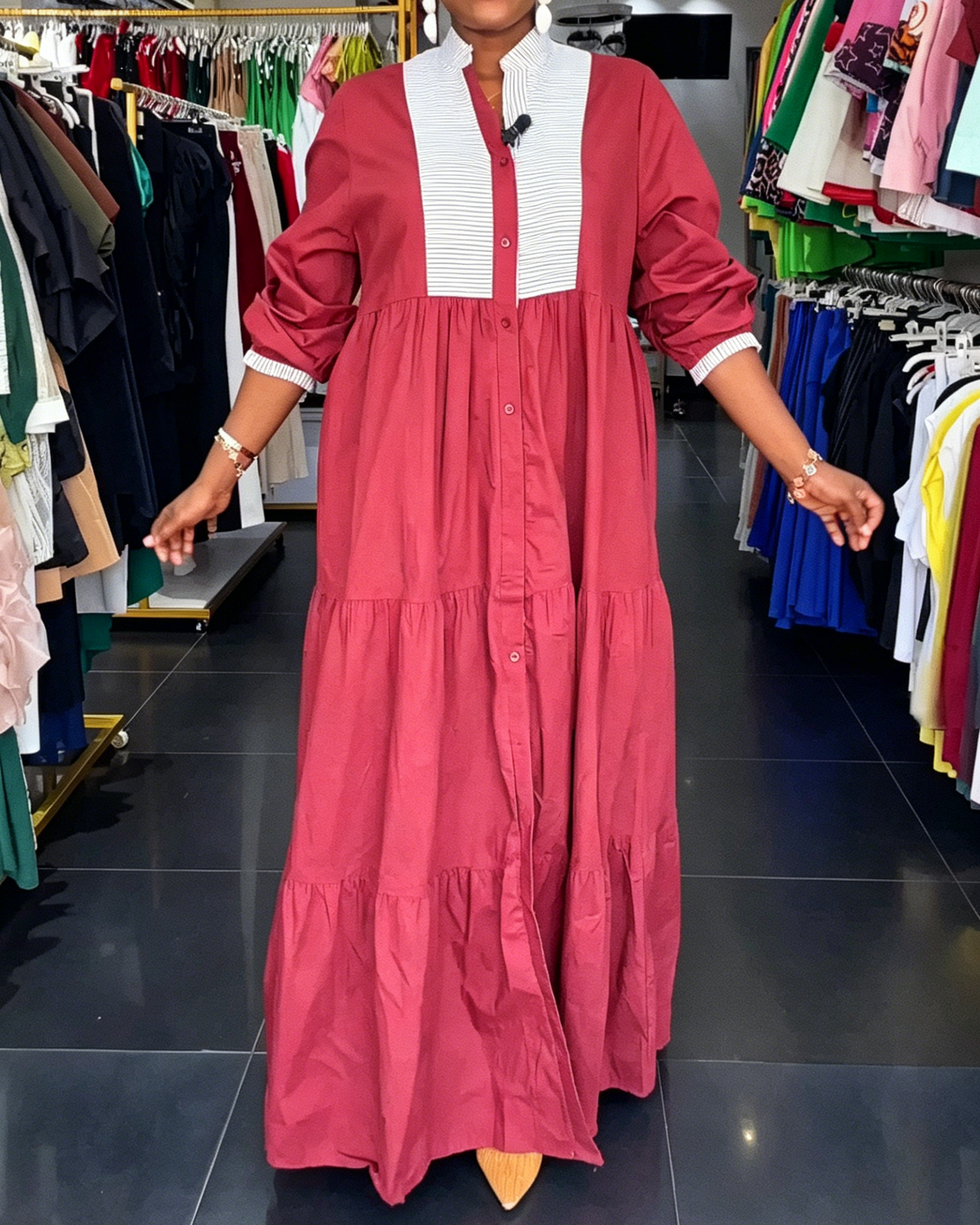 Red & White Striped Tiered Maxi Shirt Dress