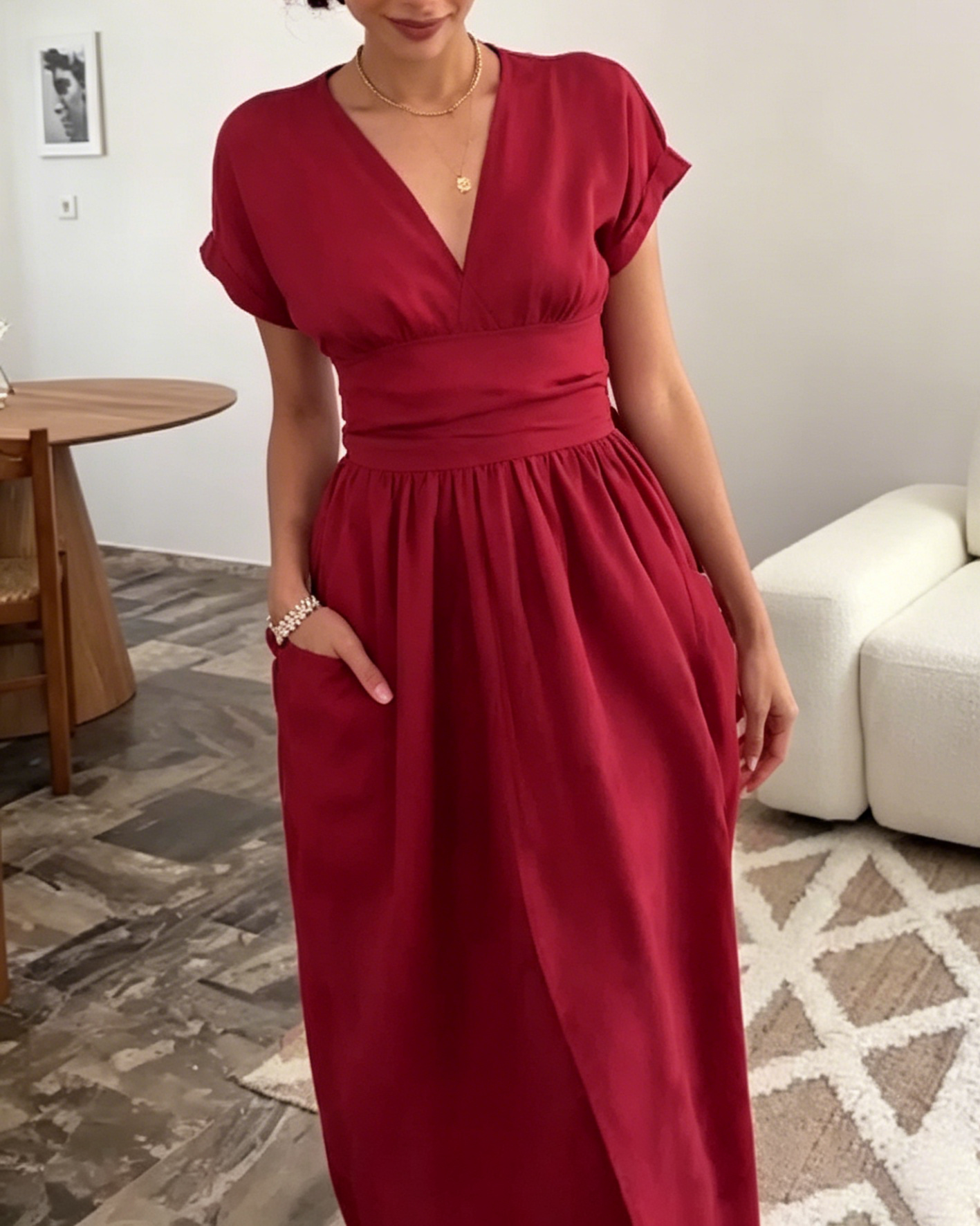 Red Linen-Blend Wrap Waist Midi Dress with Pockets & Short Sleeves