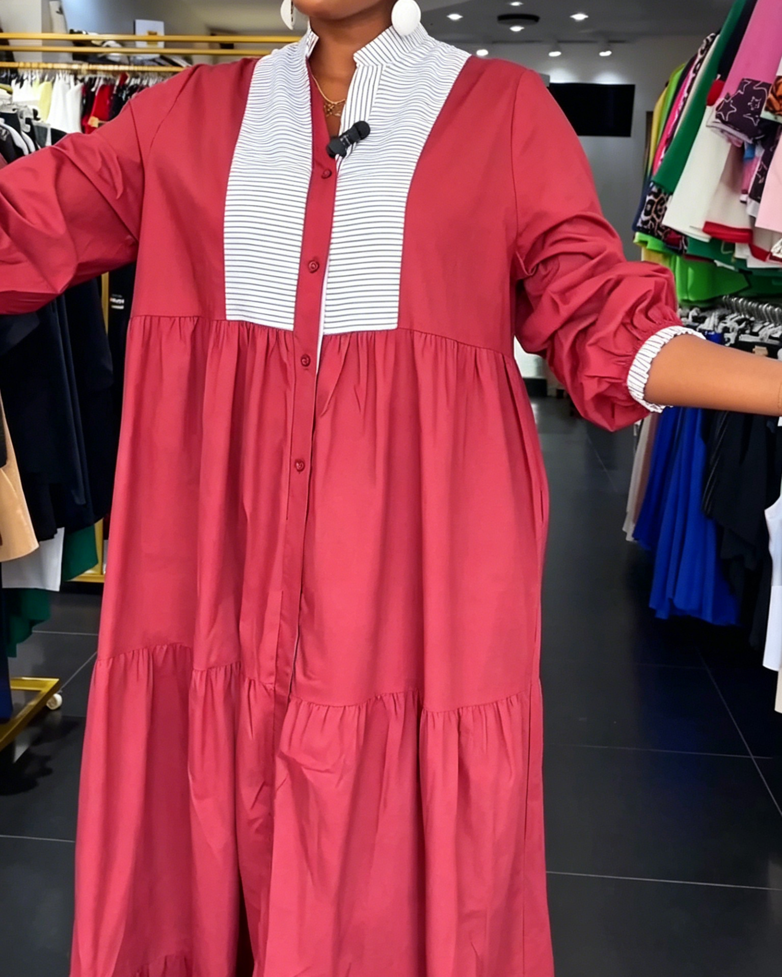Red & White Striped Tiered Maxi Shirt Dress