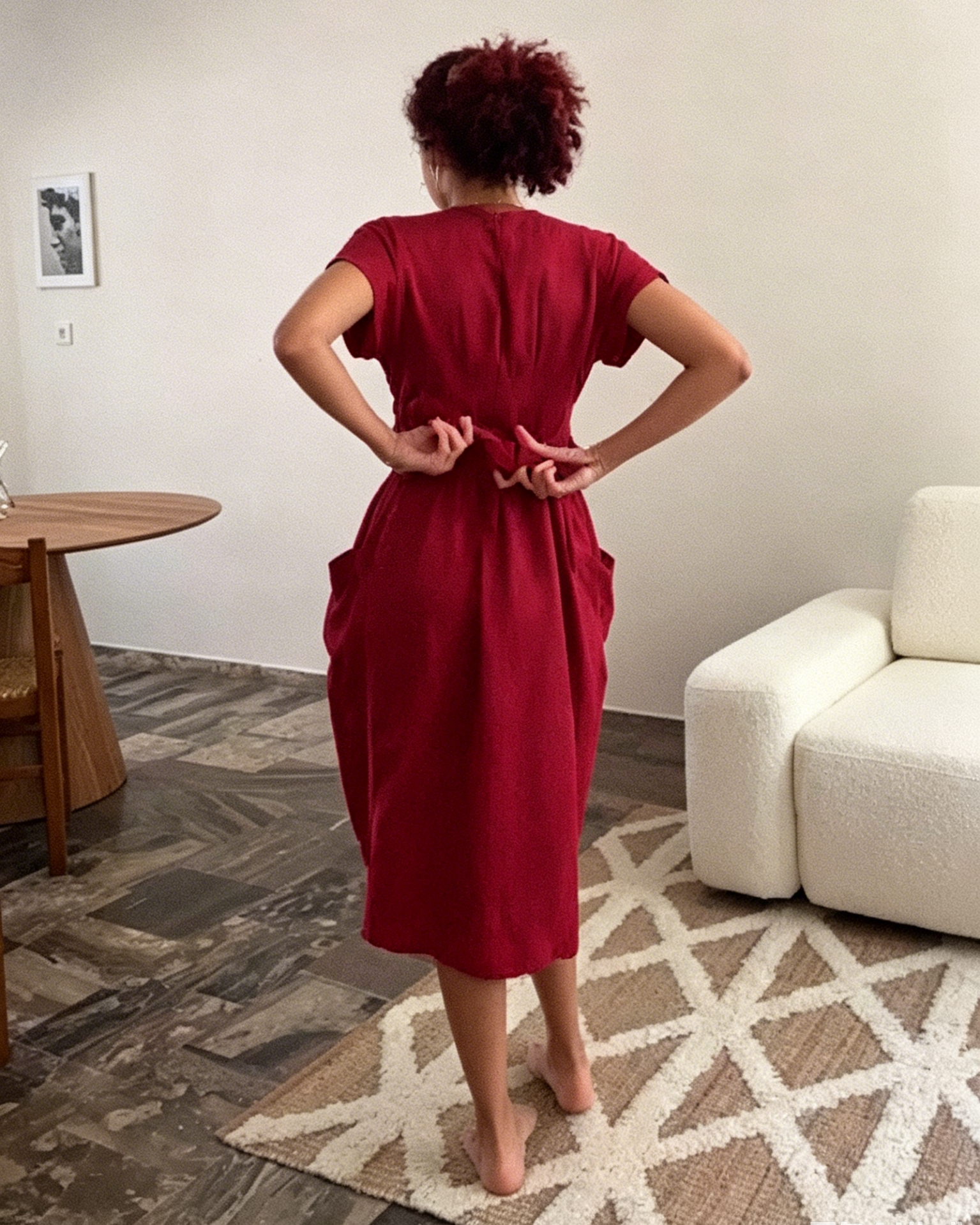 Red Linen-Blend Wrap Waist Midi Dress with Pockets & Short Sleeves