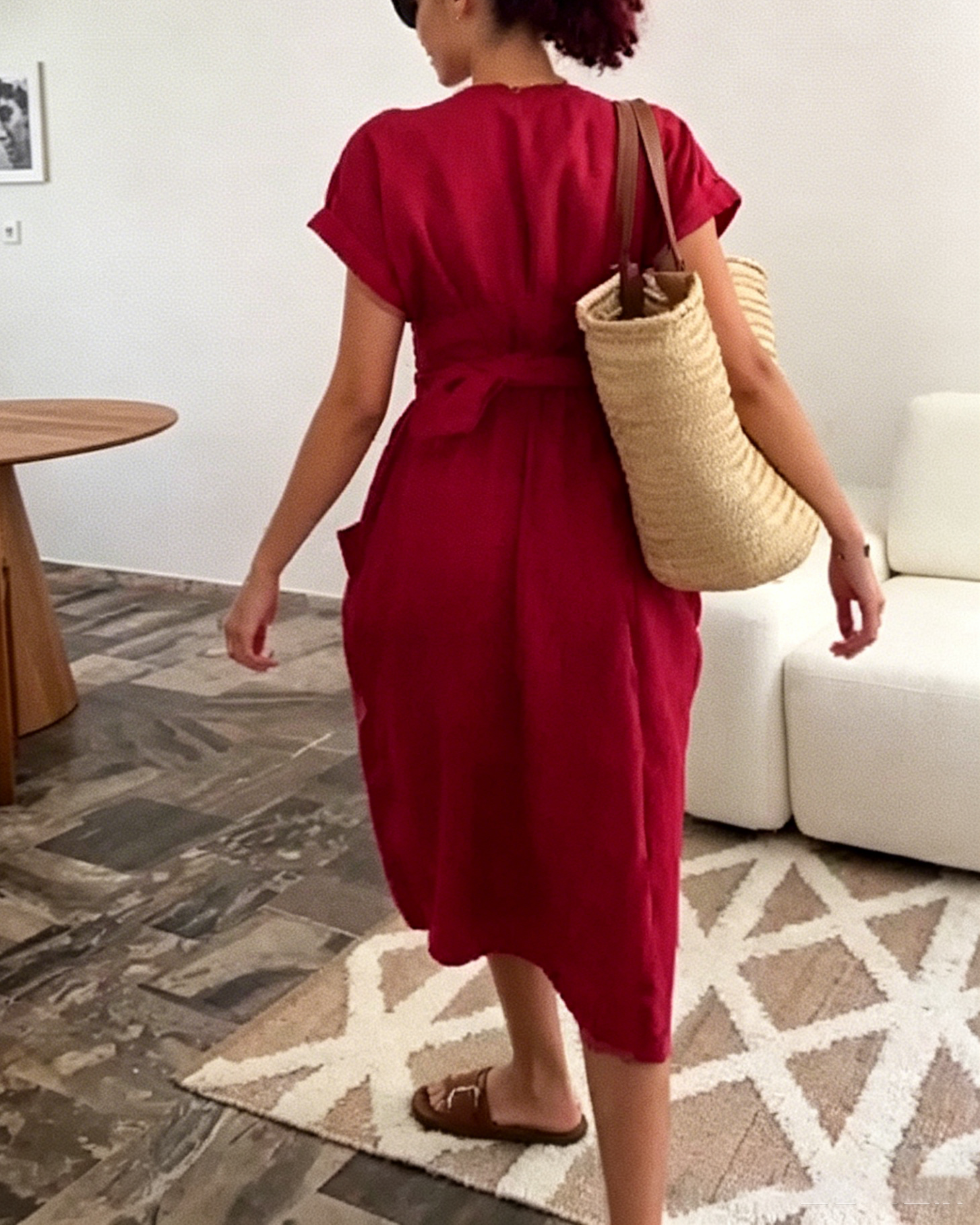 Red Linen-Blend Wrap Waist Midi Dress with Pockets & Short Sleeves