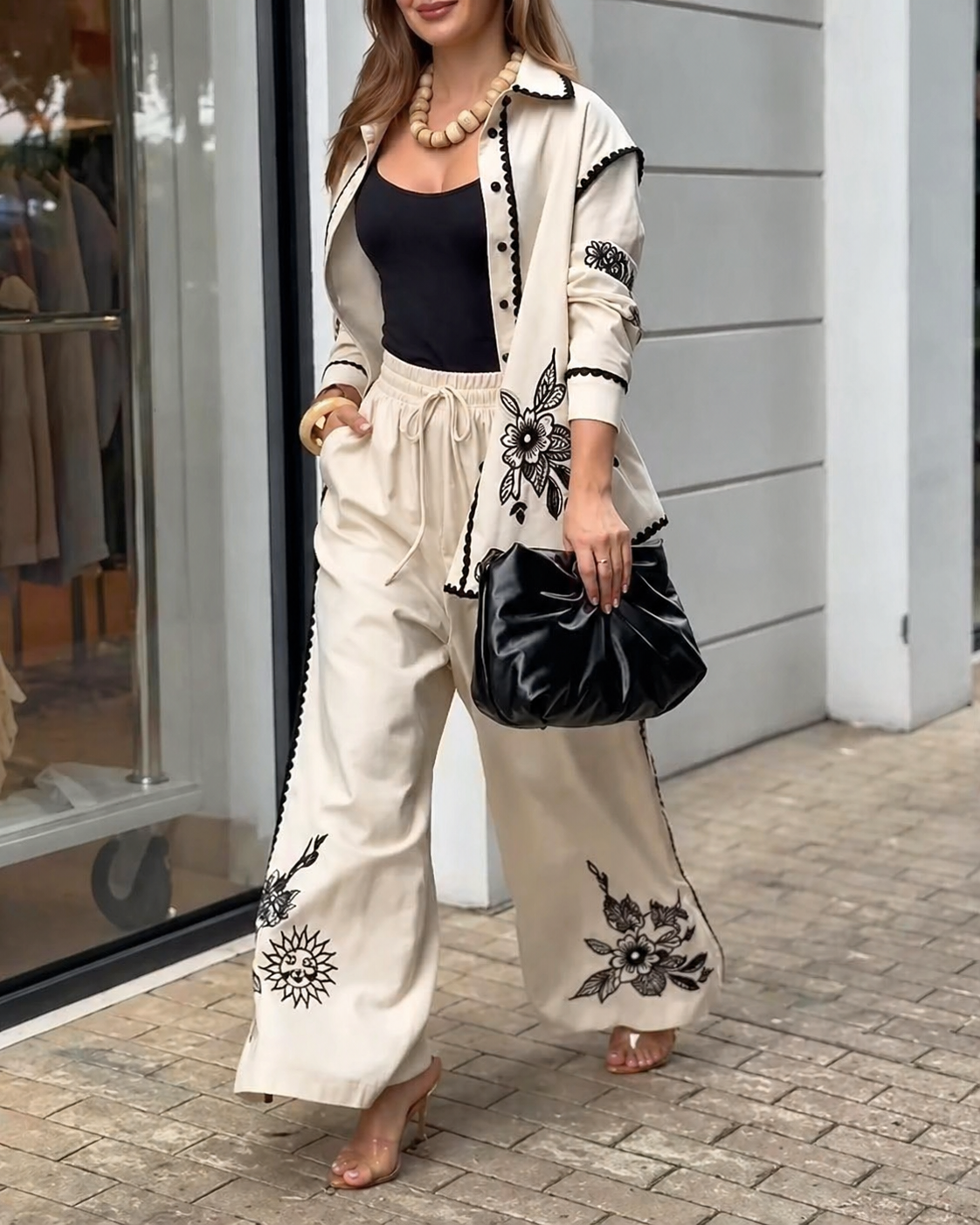 Women's Spring and Summer Comfortable Linen Embroidered Shirt and Pants Set