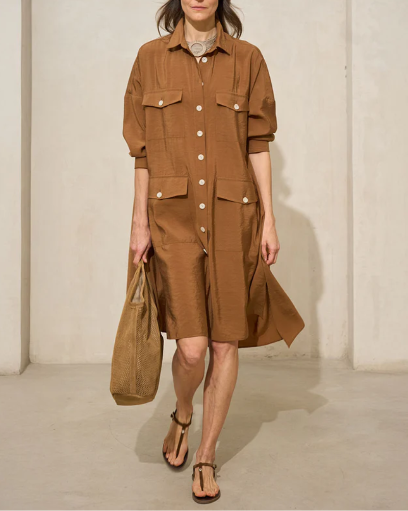 Women’s Button-Down Shirt Dress With Pockets High-Low Hem