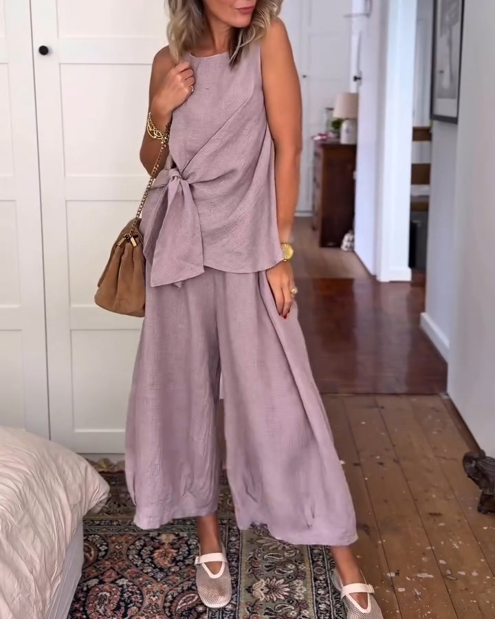 Women's spring and summer comfortable linen strappy top and pants set