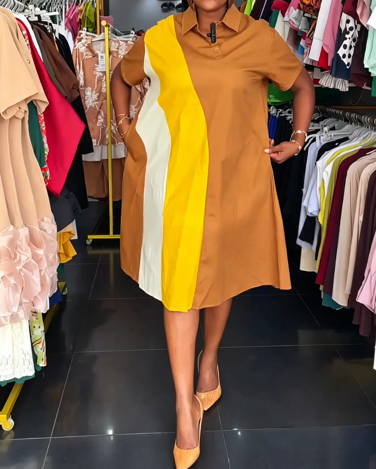 Brown Yellow White Color Block Polo Shirt Midi Dress