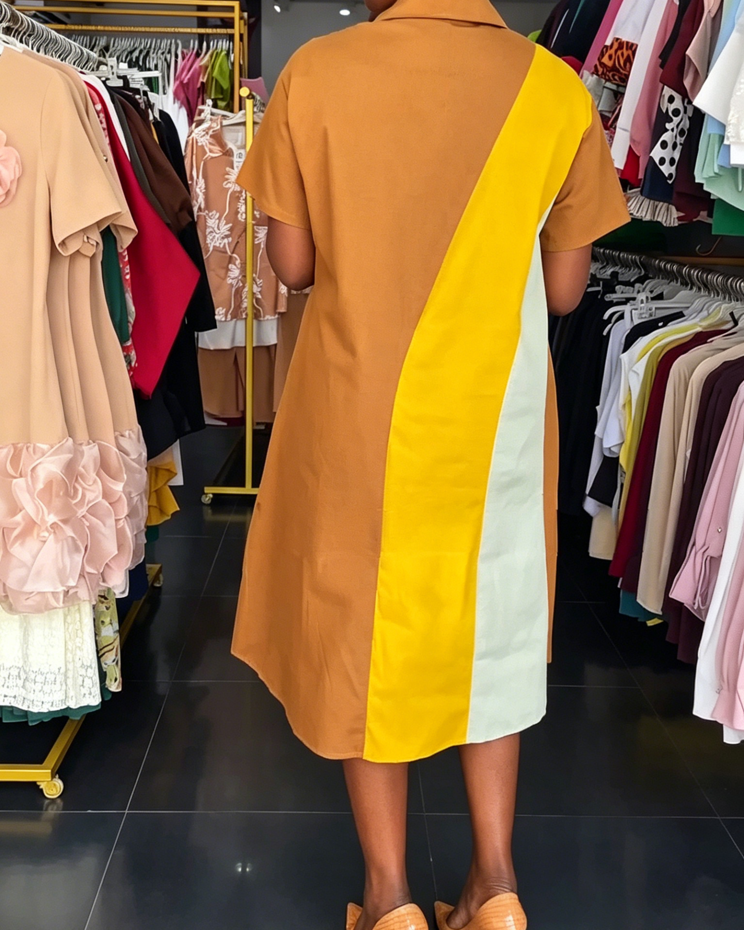 Brown Yellow White Color Block Polo Shirt Midi Dress