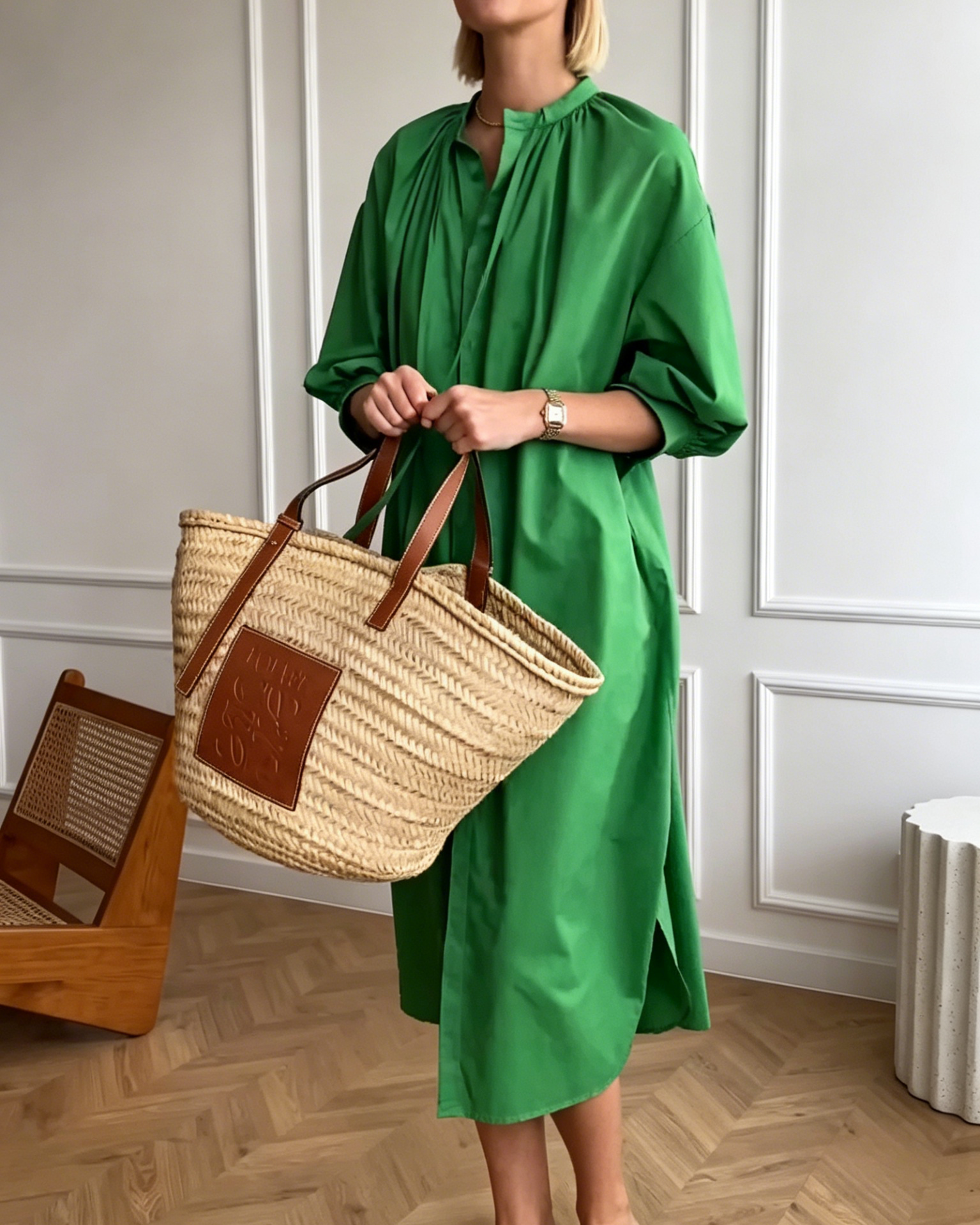 Emerald Green Oversized Linen-Blend Shirt Dress with Stand Collar & Side Slits
