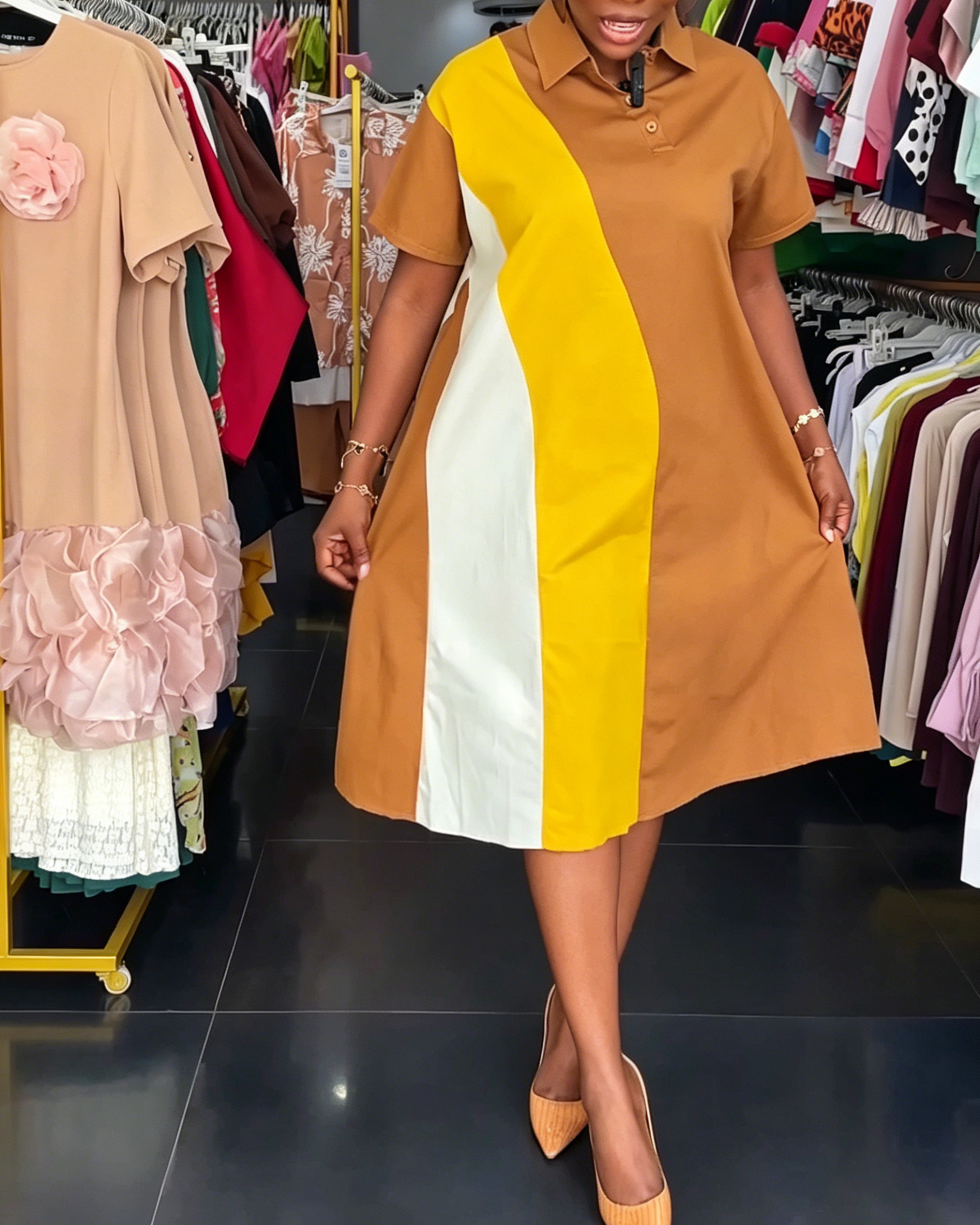Brown Yellow White Color Block Polo Shirt Midi Dress