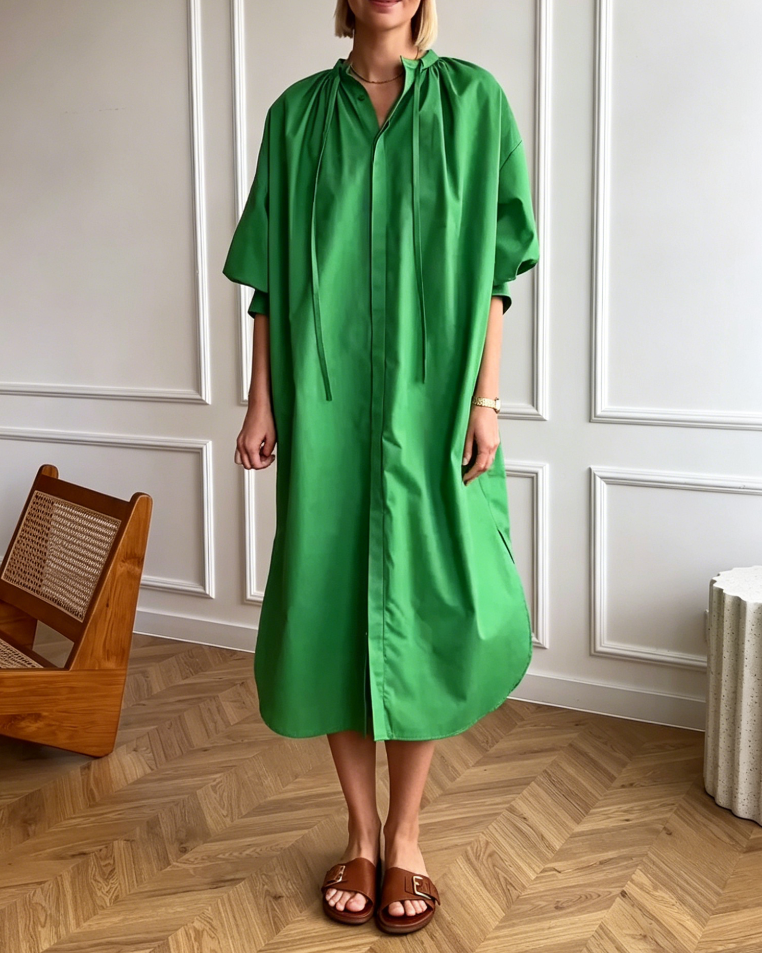Emerald Green Oversized Linen-Blend Shirt Dress with Stand Collar & Side Slits