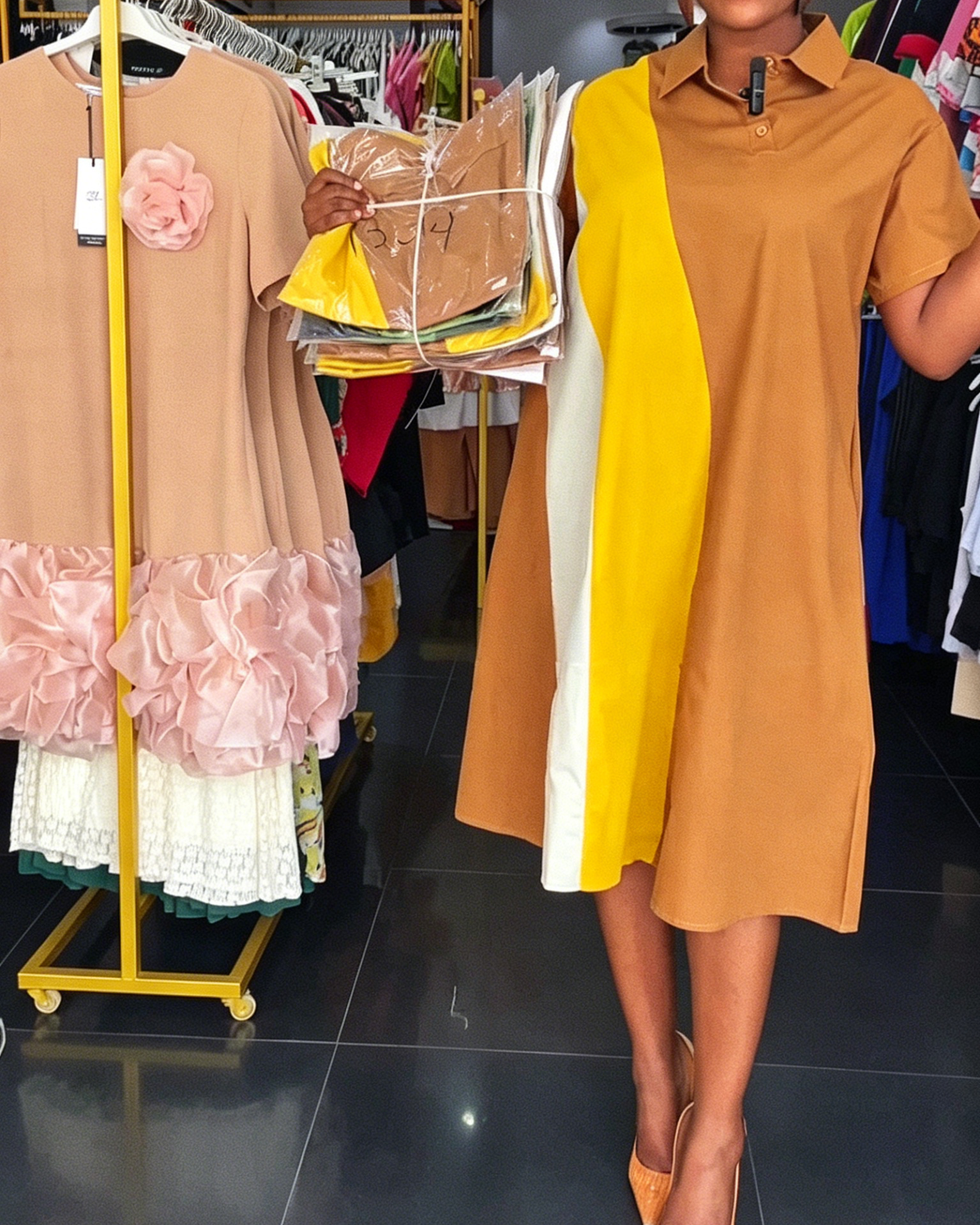 Brown Yellow White Color Block Polo Shirt Midi Dress