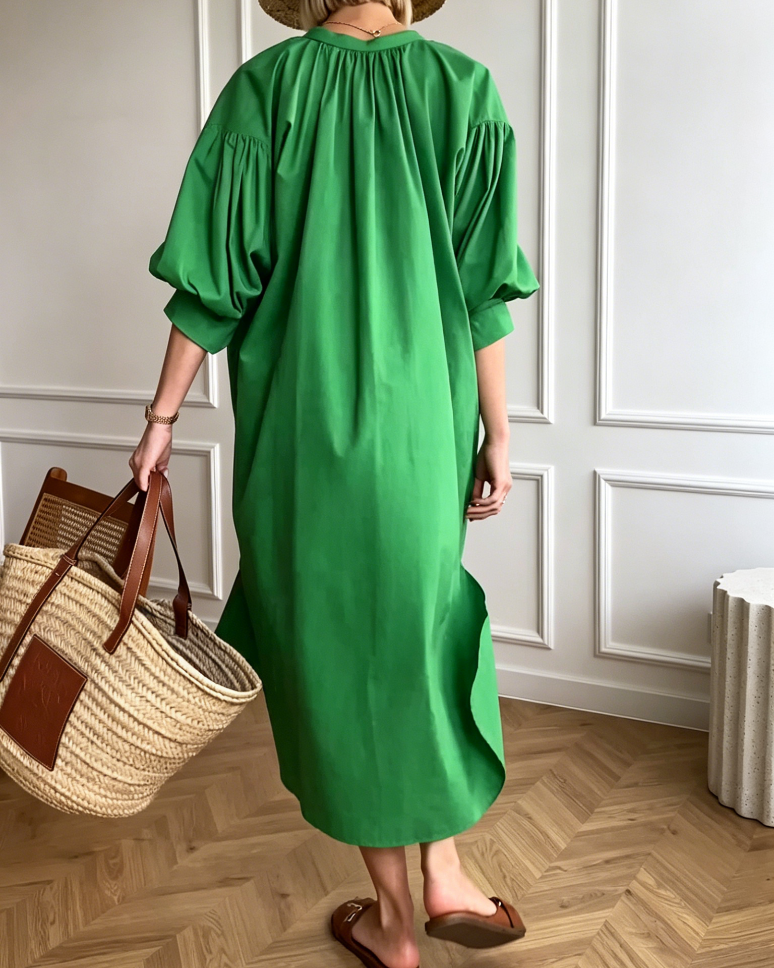 Emerald Green Oversized Linen-Blend Shirt Dress with Stand Collar & Side Slits