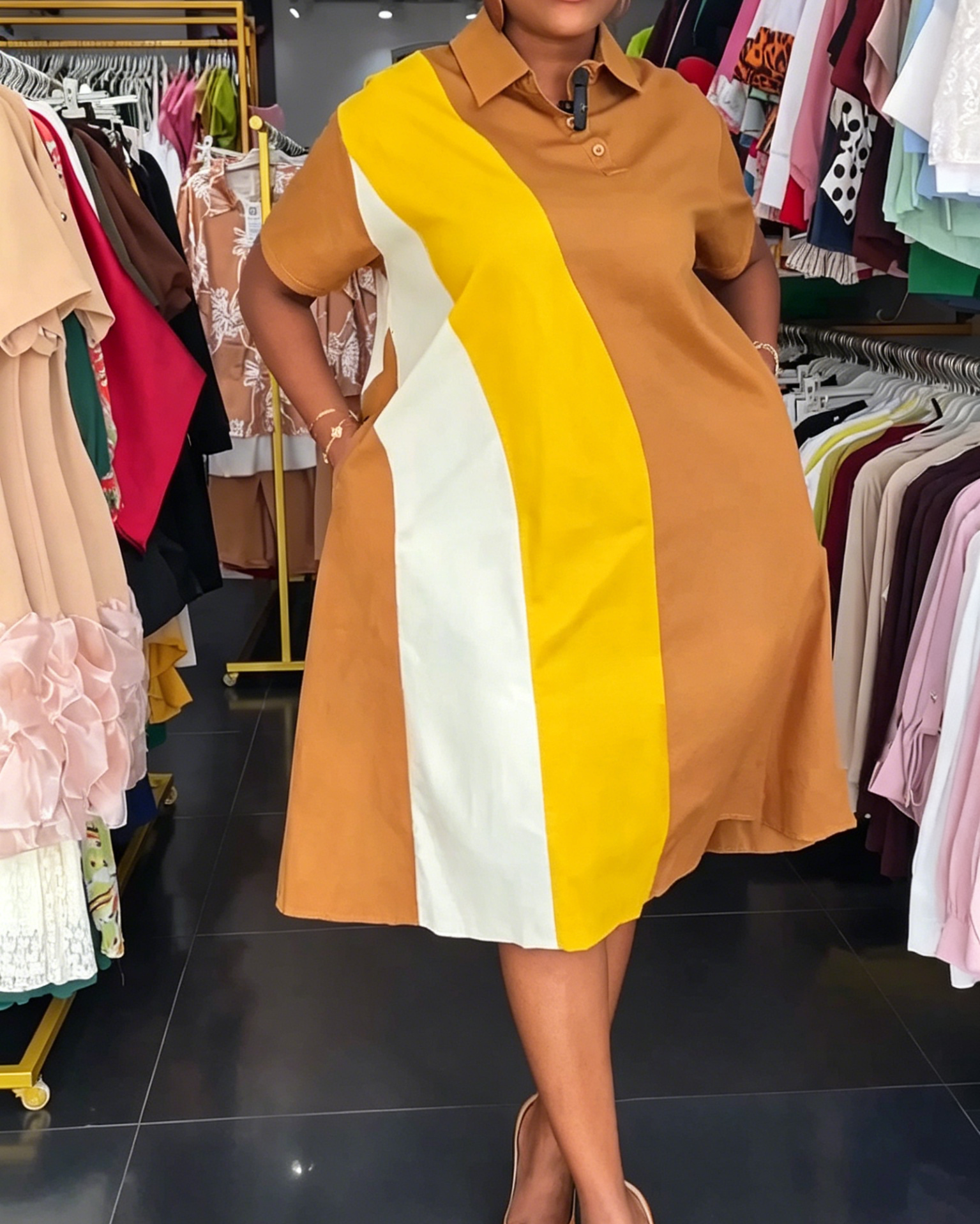 Brown Yellow White Color Block Polo Shirt Midi Dress