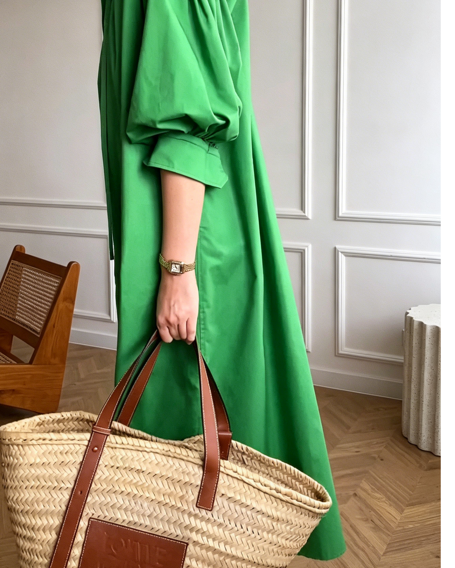 Emerald Green Oversized Linen-Blend Shirt Dress with Stand Collar & Side Slits