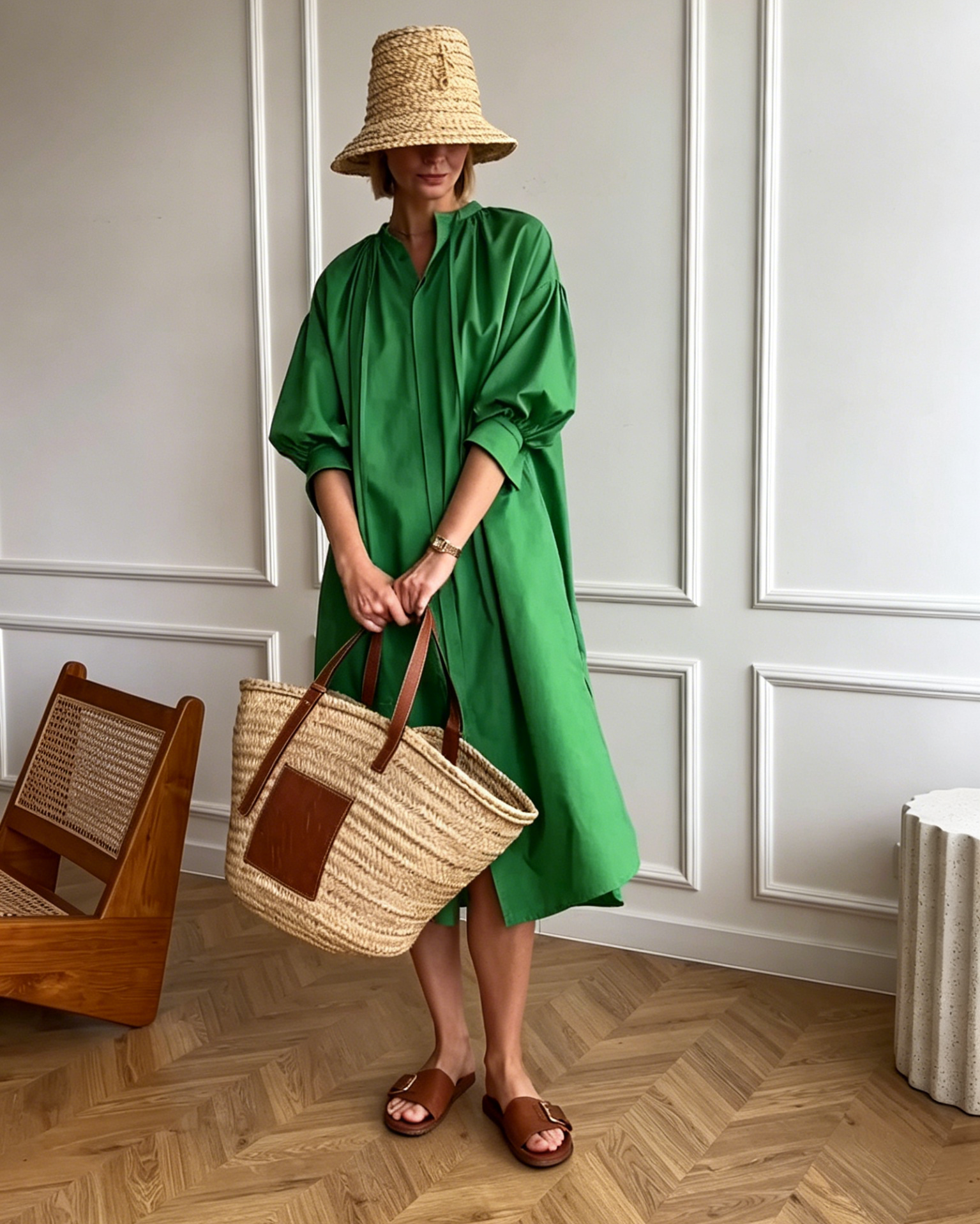 Emerald Green Oversized Linen-Blend Shirt Dress with Stand Collar & Side Slits