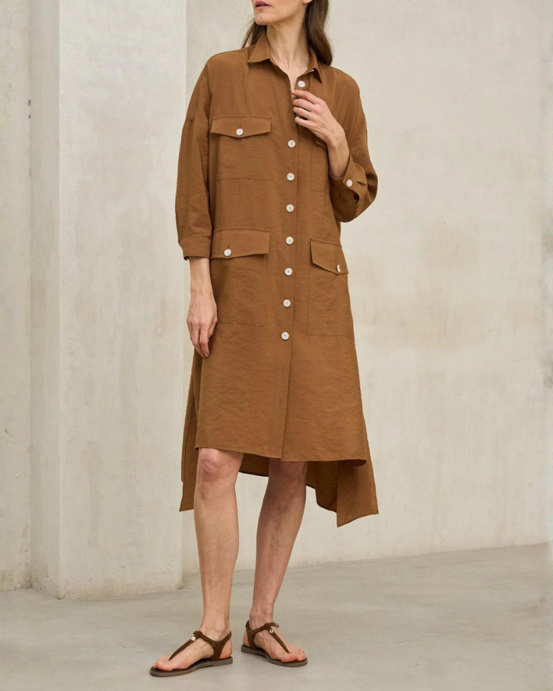 Women’s Button-Down Shirt Dress With Pockets High-Low Hem